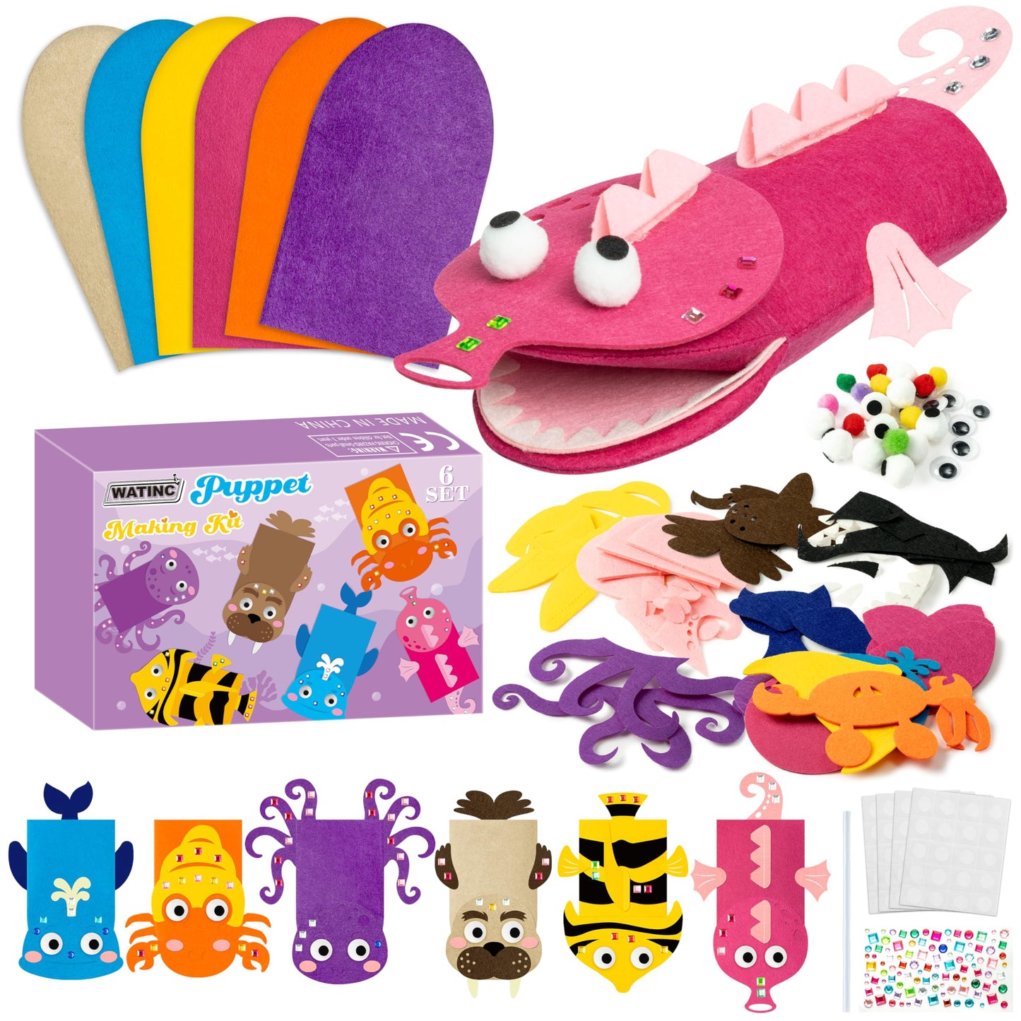 WATINC 6Pcs Hand Puppet Making Kit, Art Craft Felt Sock Puppet Toys, Creative DIY Make Your Own Pompoms Wiggle Googly Eyes Storytelling Role Play Party Supplies Gift for Girls Boys (Ocean Animals B)