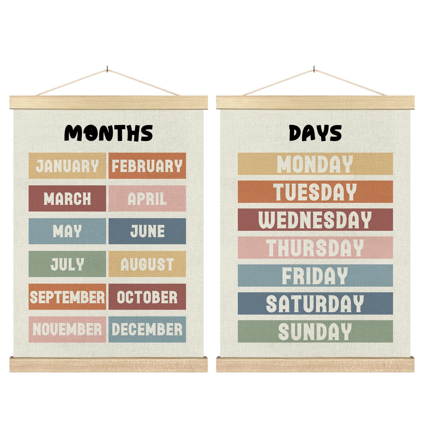 BCUANGD Classroom Wall Decor - Days of the Week Months of the Year Poster Hanger with Wood Frames Set of 2, Neutral Classroom Wall Hanging Canvas Decor for Kids Room Nursery Playroom, 12x16 Inches