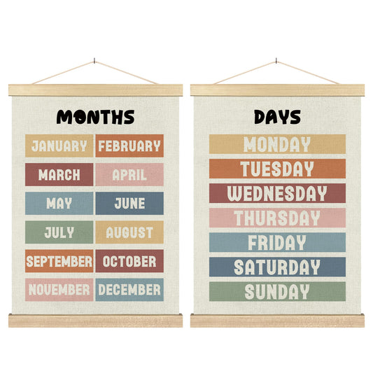 BCUANGD Classroom Wall Decor - Days of the Week Months of the Year Poster Hanger with Wood Frames Set of 2, Neutral Classroom Wall Hanging Canvas Decor for Kids Room Nursery Playroom, 12x16 Inches