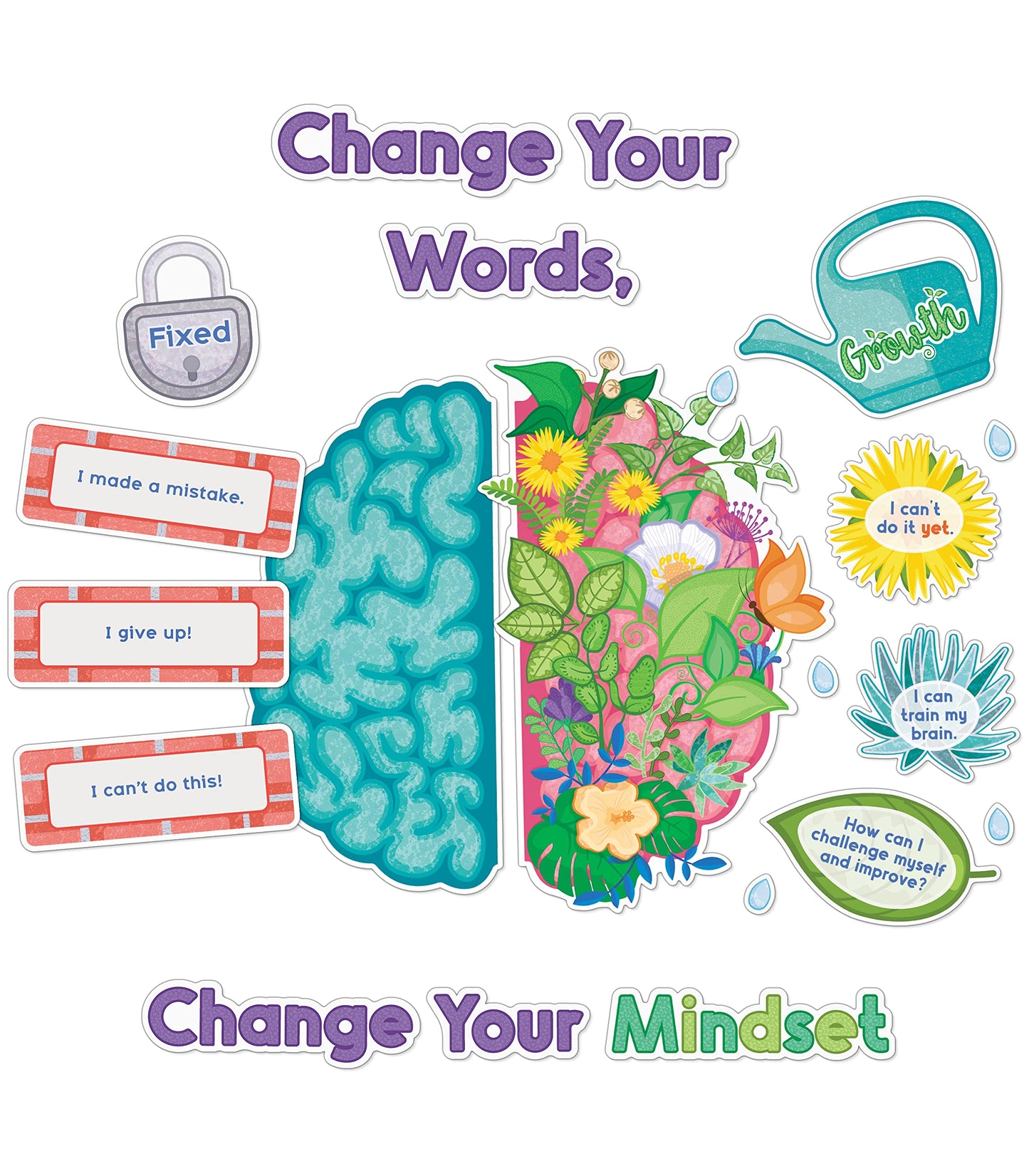 Carson Dellosa Education 47 pc Bloom with a Growth Mindset Bulletin Board Set, Motivational Poster, Plant Cutouts, 2-Piece Brain with Affirmation Cards, Calm Down Corner Supplies and Classroom Decor