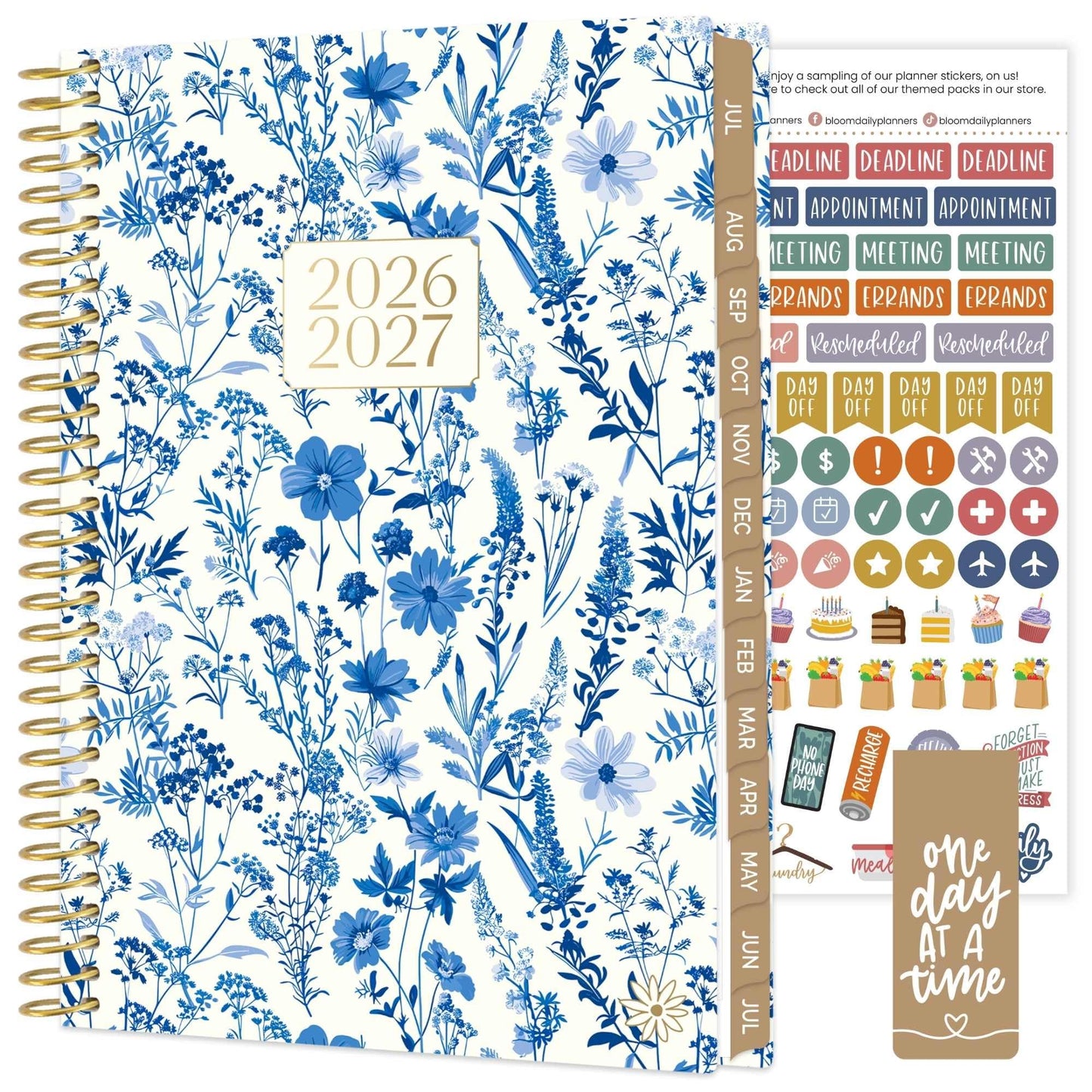 bloom daily planners 2026-2027 Planner - Academic Year (July 2026 - July 2027) Monthly & Weekly Soft Cover Planner for Women - 13 Month Inspirational Agenda Book with Stickers - 5.5" x 8.25" - Blue & White Floral