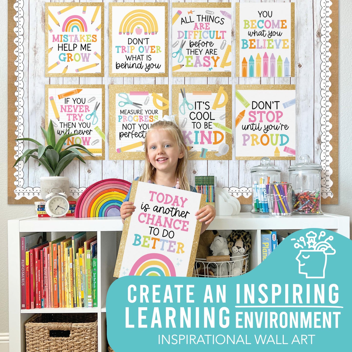 Hadley Designs Motivational Poster for Classroom Decor - 9 Growth Mindset Classroom Posters Elementary, Inspirational Wall Decor Middle School, Teacher Must Haves, Pastel Bulletin Board Decorations