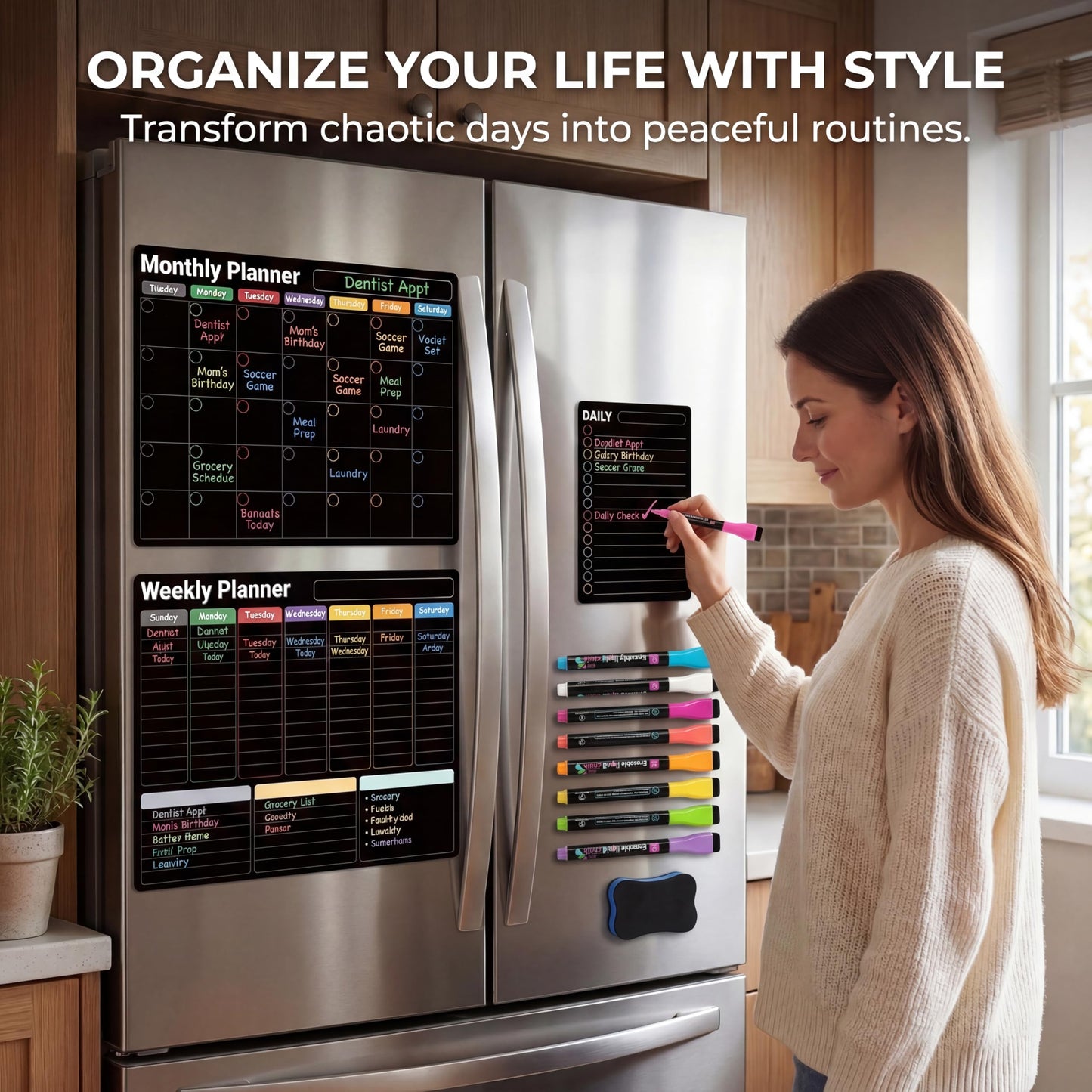 AUVIREC Magnetic Black Calendar for Refrigerator (3-Pack, Ships Flat) - 17"x12" Monthly, Weekly & Daily Planner with Lined Grids - Nano-Tech Dry Erase Fridge Board, 8 Neon Liquid Chalk Markers
