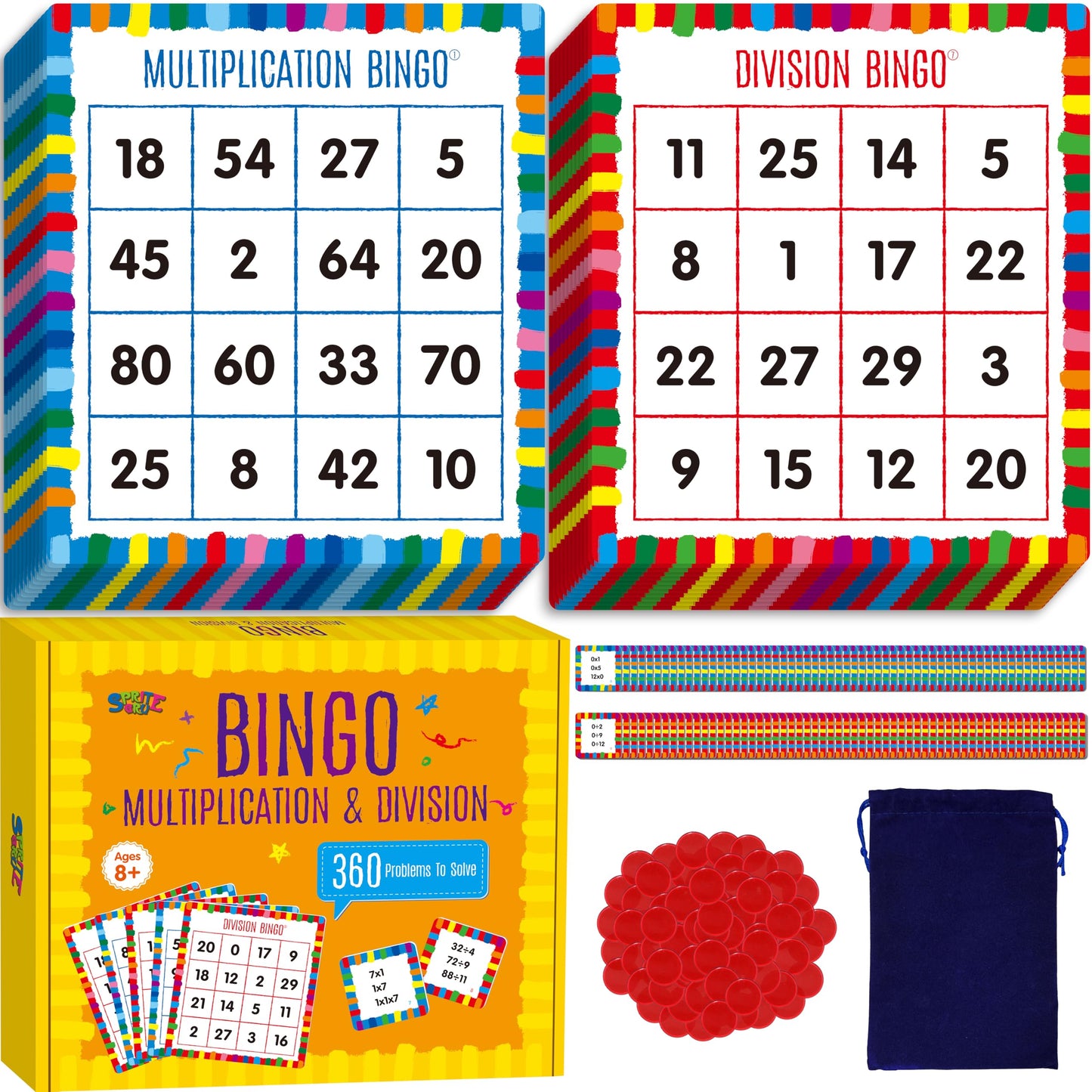 SpriteGru Multiplication & Division Bingo Game, 360 Math Problems, 2 Educational Math Board Game for Kindergarten and Preschool Kids, Perfect for Classroom & At Home