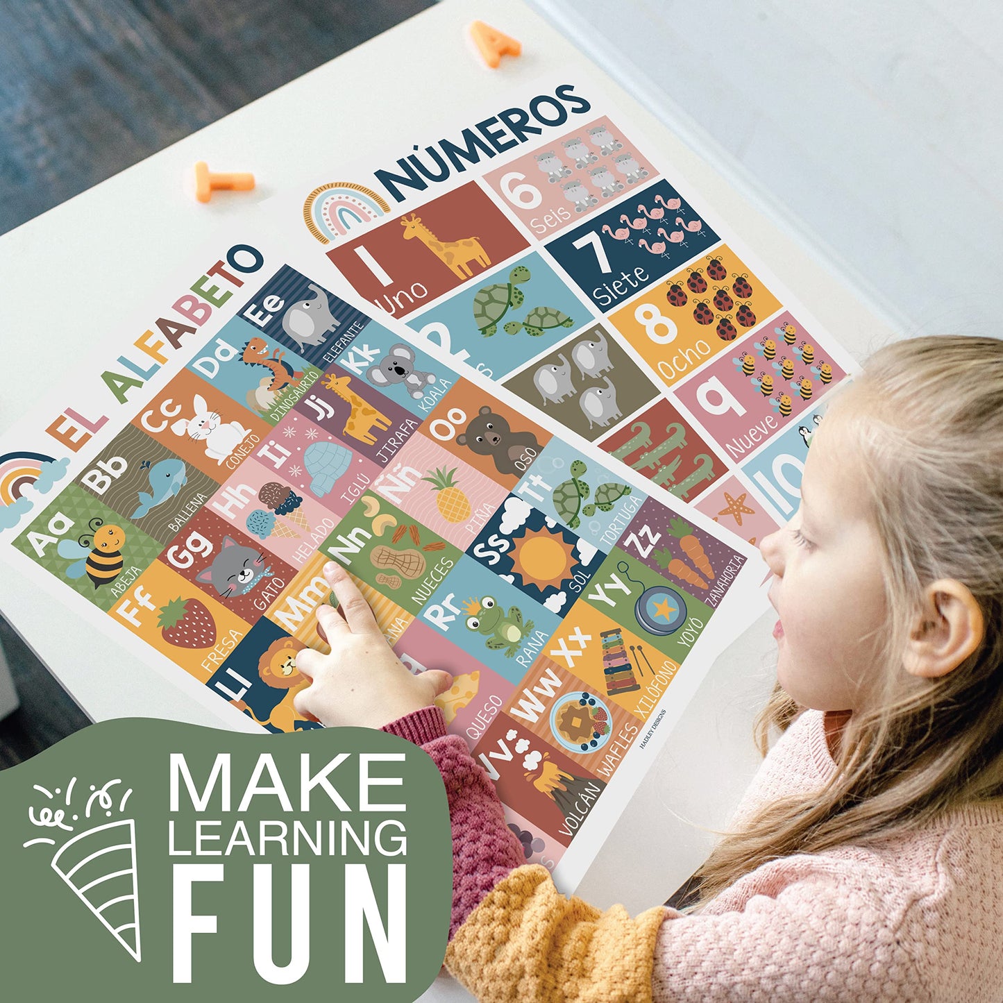 Hadley Designs Spanish Posters for Classroom - 12 Bilingual Educational Posters for Spanish Classroom Decorations Must Haves, Calendario y Alfabeto en Español Para la Pared, Boho Teacher Supplies