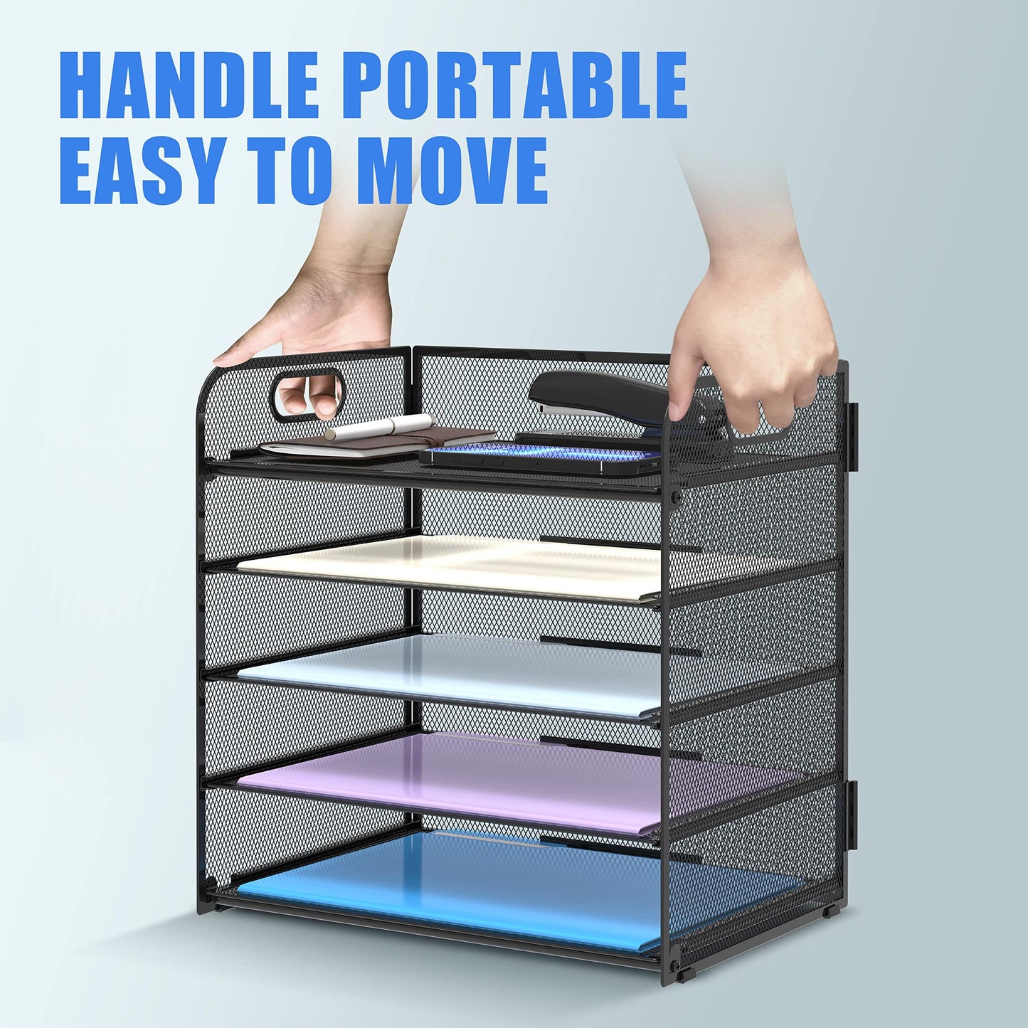 Supeasy 2 Pack 5-Tier Desk Organizer with Handle Mesh Desk File/Paper Organizer Letter Tray for Office, School, Classroom and Home Easy Installation, Black