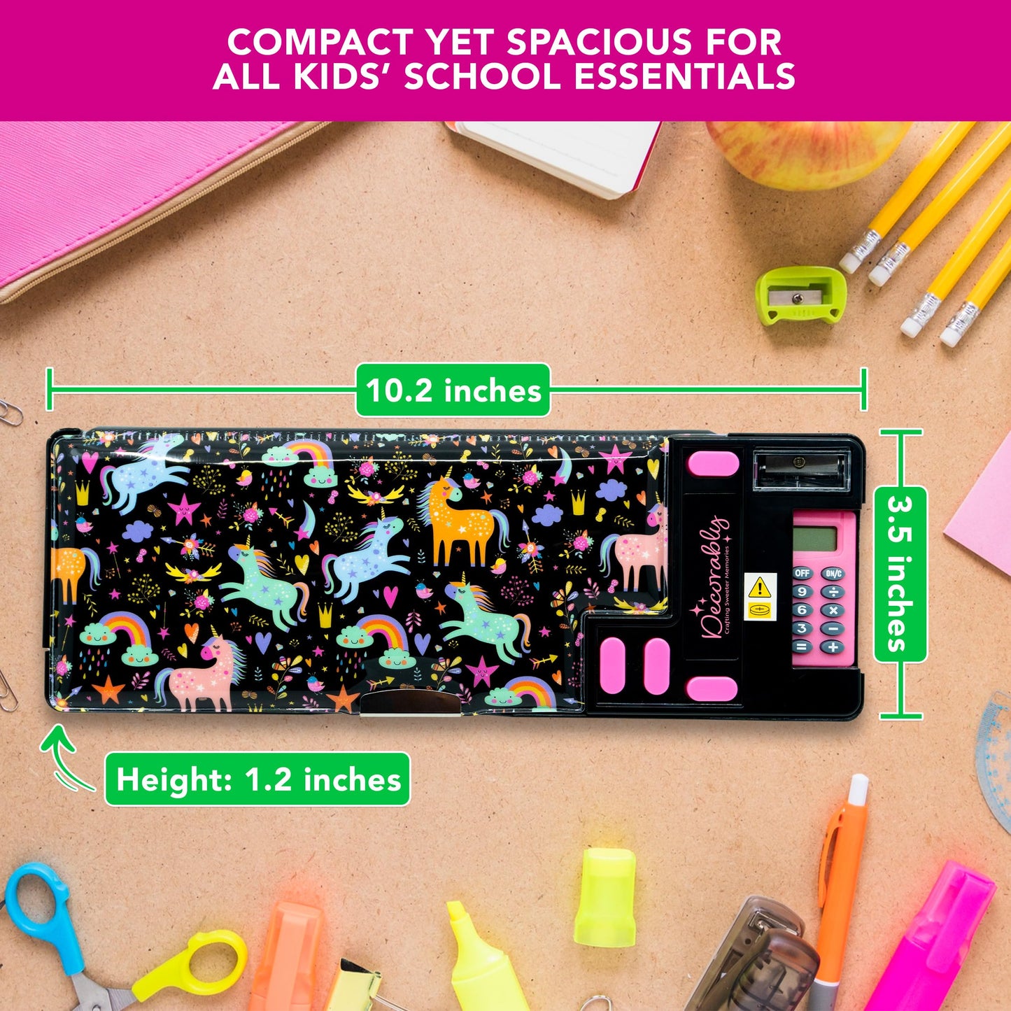 Decorably Unicorn Pop Up Multifunctional Pencil Case with Compartments, Calculator, Sharpener, Pen Slots, Mini Drawer and 2 Main Sections with Magnetic Closure - Back to School Gift for Kids