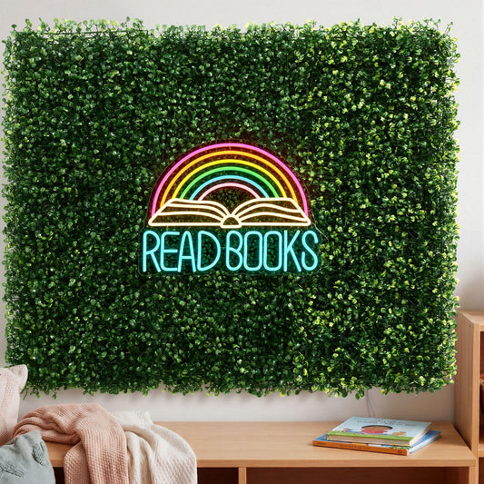 Fumete 13 Pcs Classroom Reading Corner Calming Corner Decor 10 x 10" Artificial Grass Wall Panels with Read Books Neon Sign Classroom Greenery Wall Decoration for Home School Party Supplies