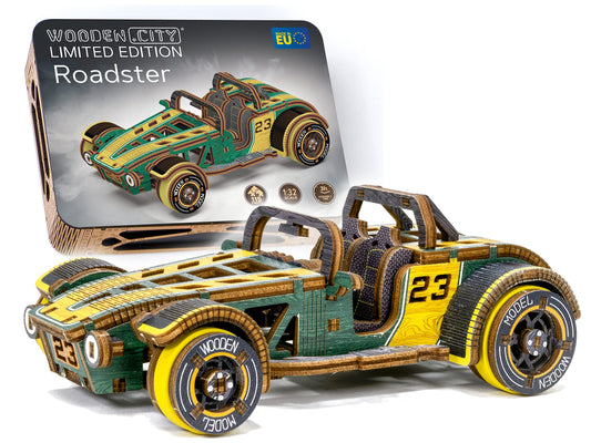 WOODEN.CITY Roadster LE 3D Wooden Puzzles for Adults – Build Your Own Roadster car with Rubber‑Band Motor – Self‑Assembly Model, DIY Gift for Adults and Teens