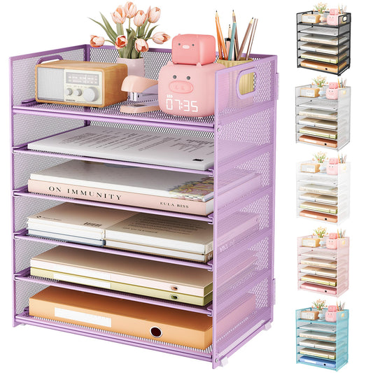 Subekyu 6 Tier Paper File Tray Organizer for Desk, Purple Mesh Desk Letter Paper File Folder Accessories Sorter Organizer with Handle, Stackable Slide Tray for Office, Home or School Supplies Storage