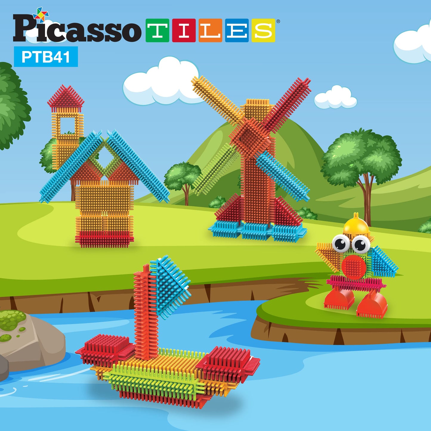 PicassoTiles Toys 41 piece Hedgehog Block Building Blocks Construction Toy Set w/IdeaBook Learning Playset None Magnetic STEM STEAM Educational Kit Child Brain Development Preschool Kindergarten PTB41