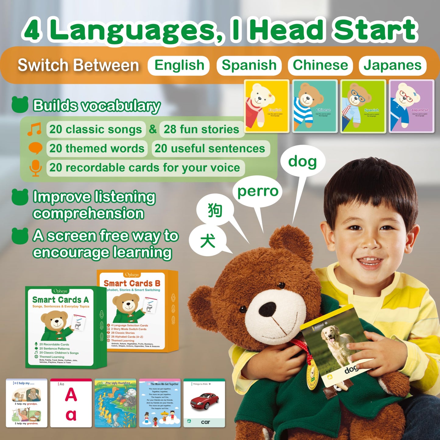 OPHAYA 20'' Techer Bear Talking Teddy Bear Stuffed Animal Plush Interactive Toy, Card-Activated 4 - Language Early Montessori Word Learning, Singing Storytelling Bear Toy for Kids
