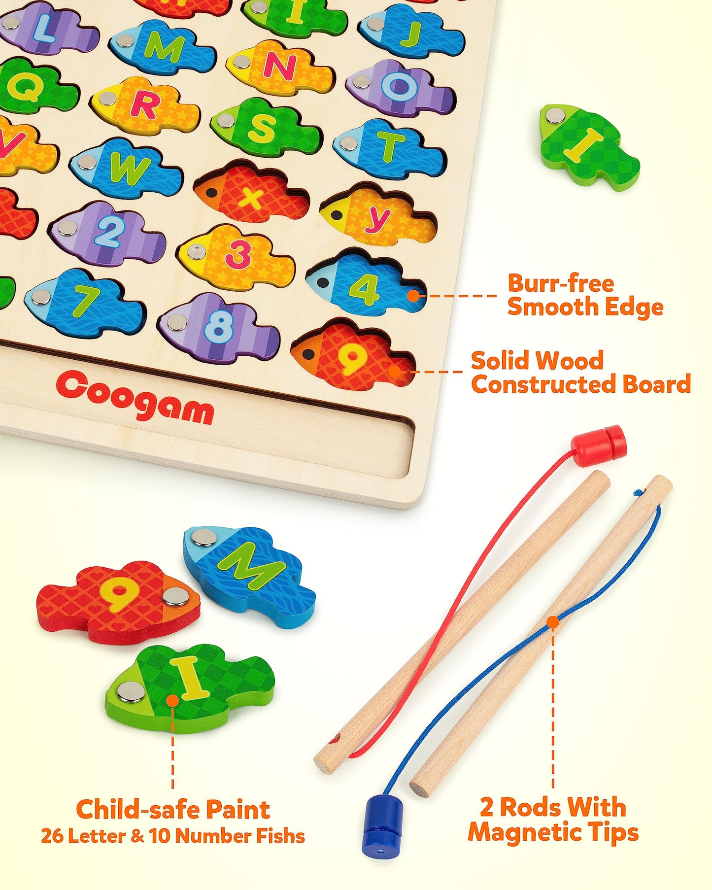 Coogam Magnetic Alphabet Numbers Fishing Game, Wooden ABC Letter Numbers Color Matching Puzzle Fine Motor Montessori Educational Toy for Preschool 3 4 5 Year Old Toddlers