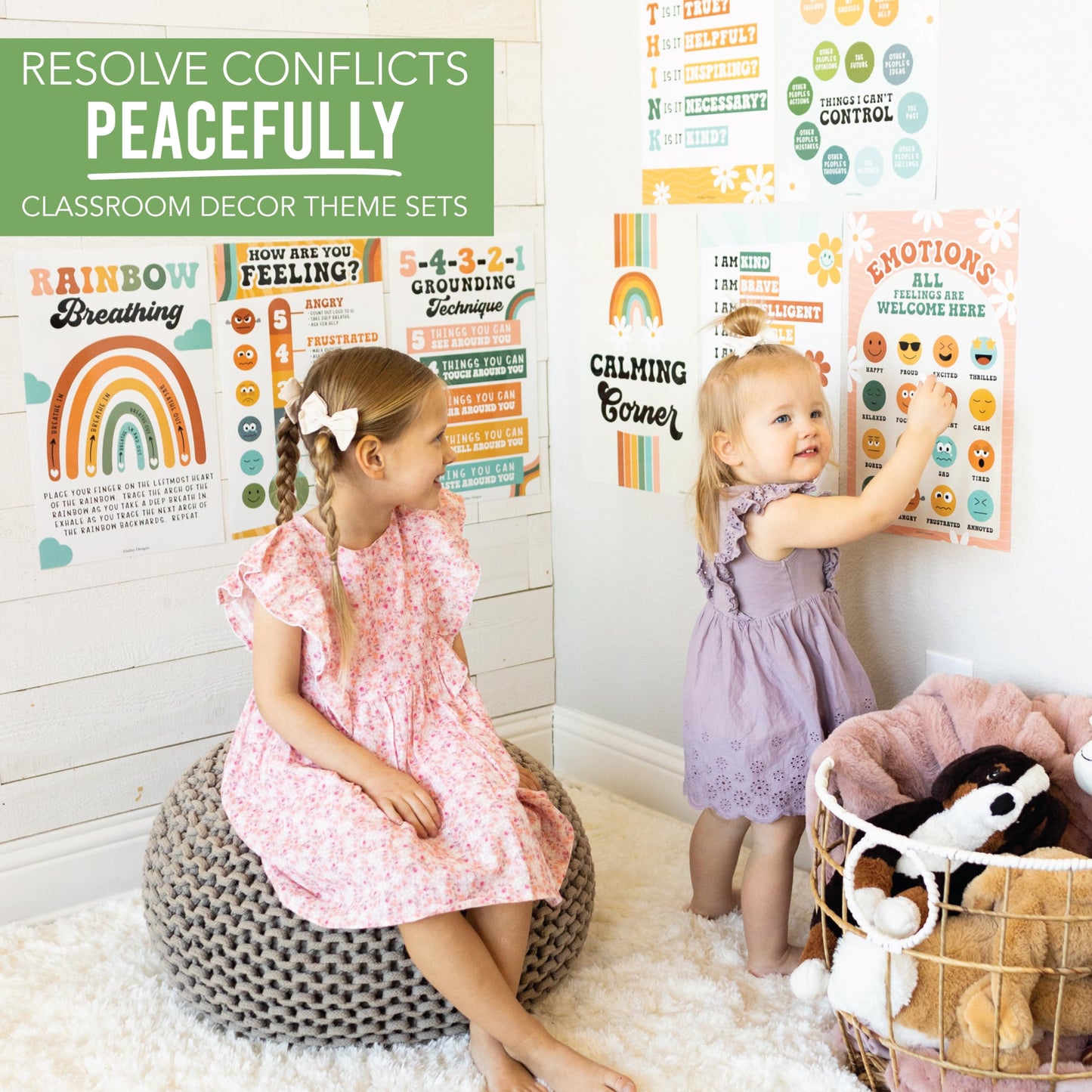Hadley Designs 8 Calming Corner Posters for Classroom Must Haves - Calm Down Corner Supplies with Emotions Chart, School Counselor Mental Health Poster, Feelings Chart For Kids, Retro Classroom Decor