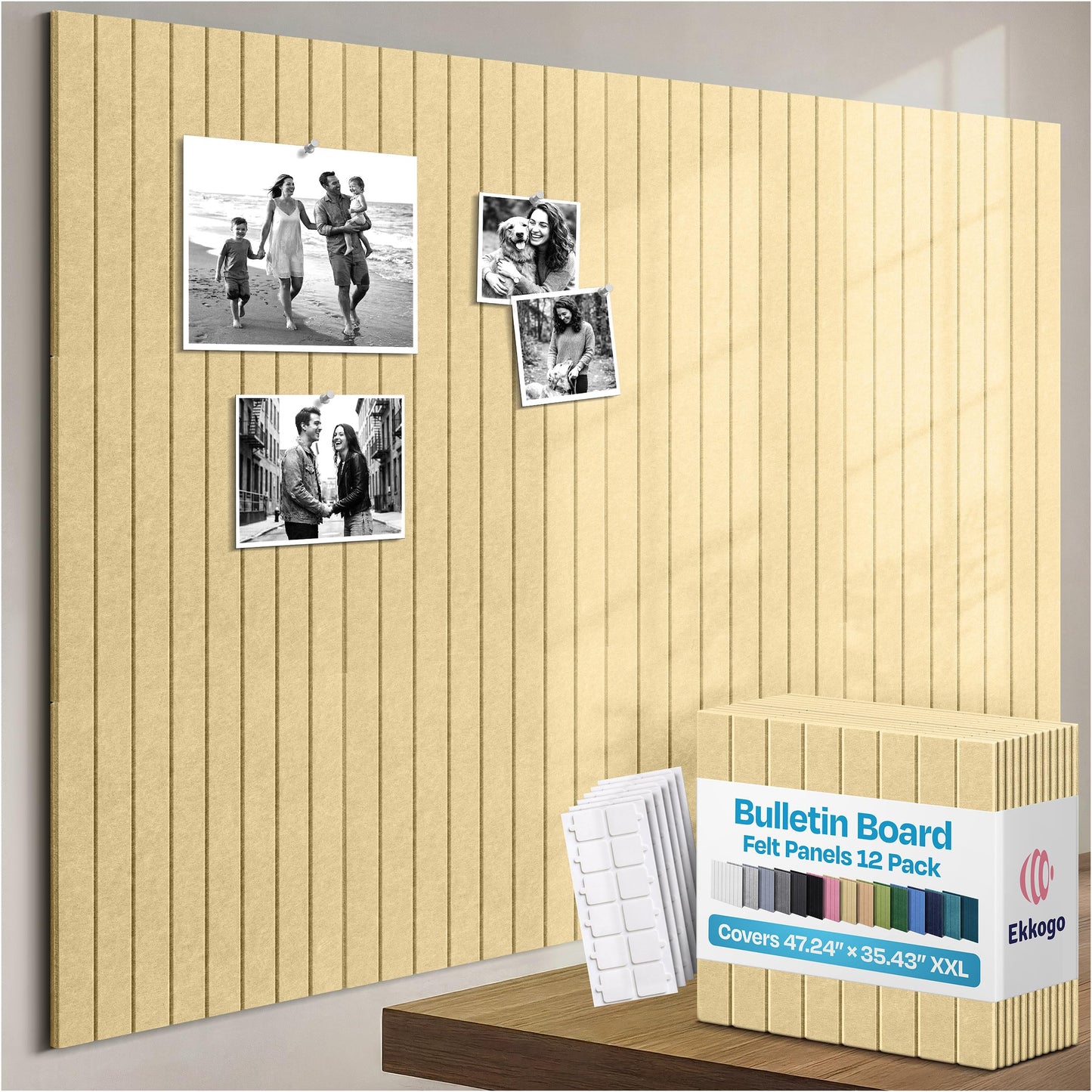 Ekkogo X-Large Cork Board Alternative 12-Pack Felt Bulletin Board Thick and Decorative Pin Board for Home Office Walls 47.24 x 35.43 Inches with 72 Adhesive Tabs - [Cancun Sand]