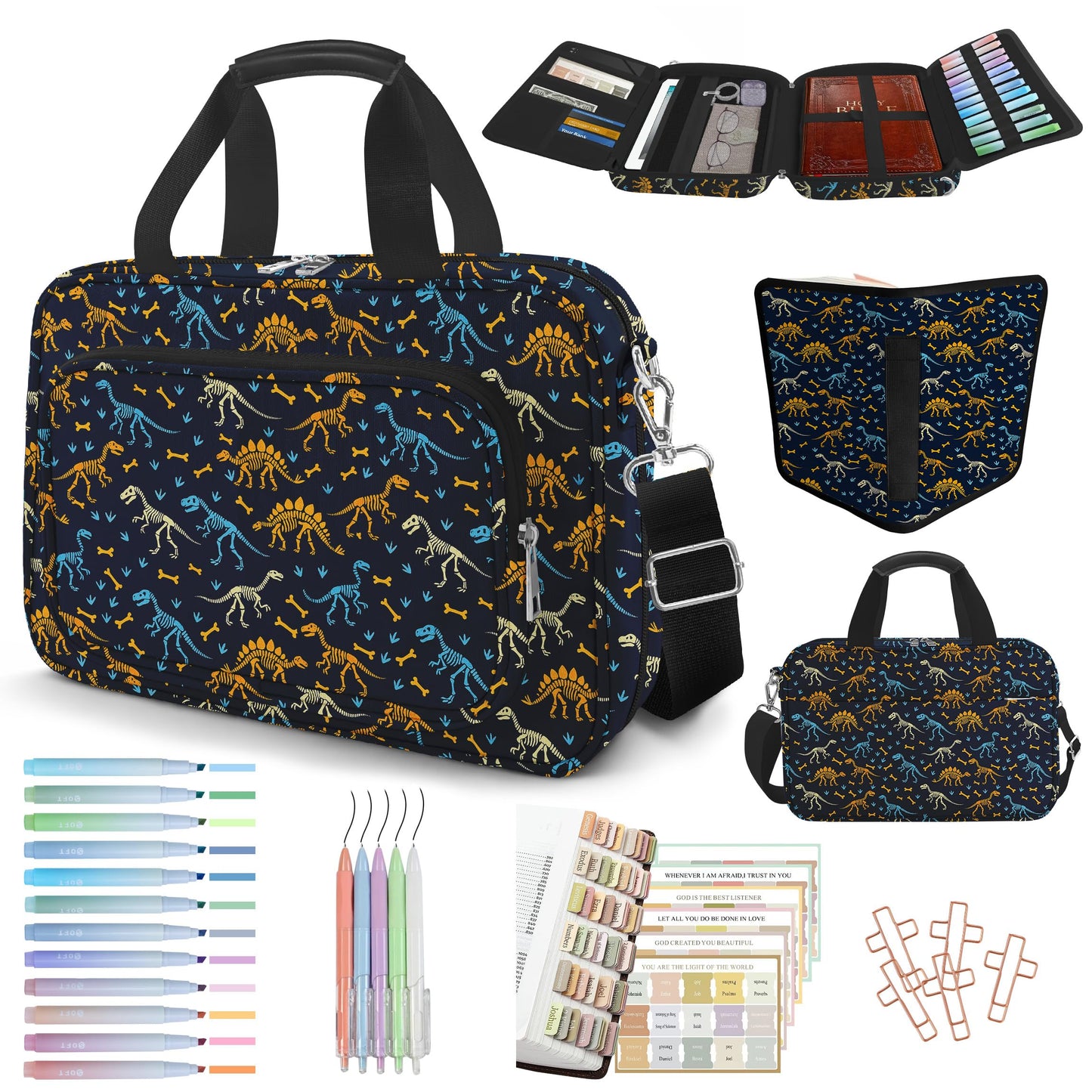 IBOVODI Dinosaur Bible Cover Case for Kids Boys Mens, Large T-rex Bible Carrying Book Case Church Bag Strap Handle Zipper Pocket, Bible Study Supplies Journaling Kit, Highlighters Pens Cross Clips
