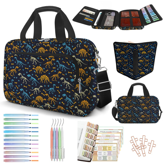 IBOVODI Dinosaur Bible Cover Case for Kids Boys Mens, Large T-rex Bible Carrying Book Case Church Bag Strap Handle Zipper Pocket, Bible Study Supplies Journaling Kit, Highlighters Pens Cross Clips