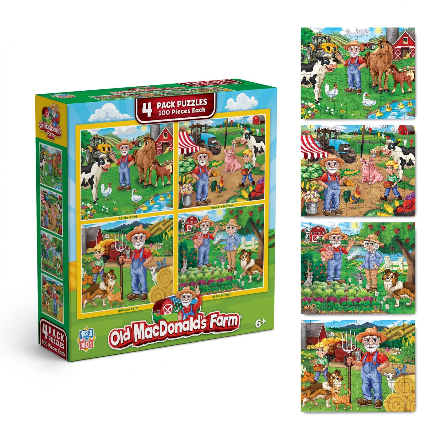 MasterPieces – Jigsaw Puzzle Set for Kids 6+ Years, 4-Pack of 100 Pieces, Educational and Fun Game, Old Macdonald’s Farm Collection, Gift Idea for Children, 8" x 10"