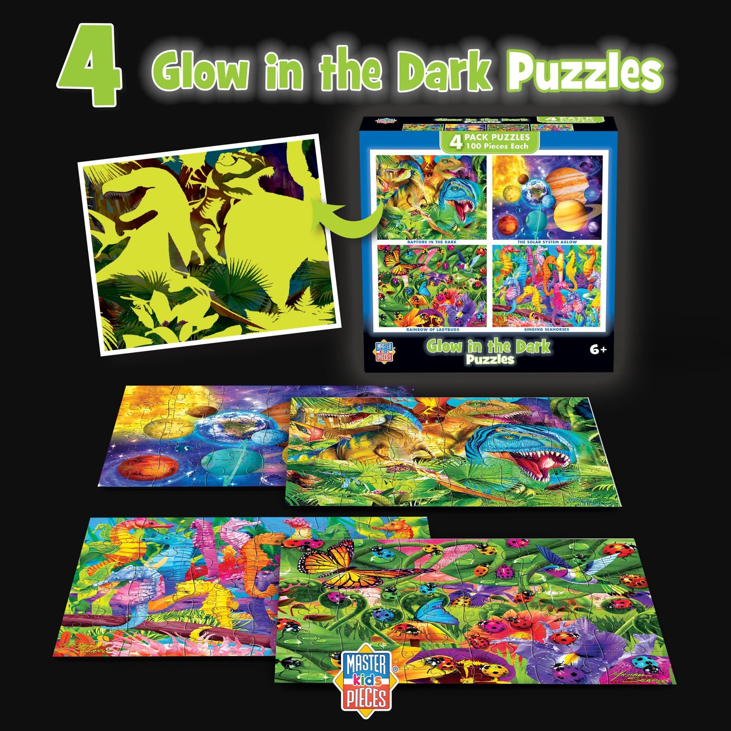 MasterPieces – Jigsaw Puzzle Set for Kids 6+ Years, 4-Pack of 100 Pieces, Educational and Fun Game, Blue Glow in The Dark Collection, Gift Idea for Children, 8" x 10