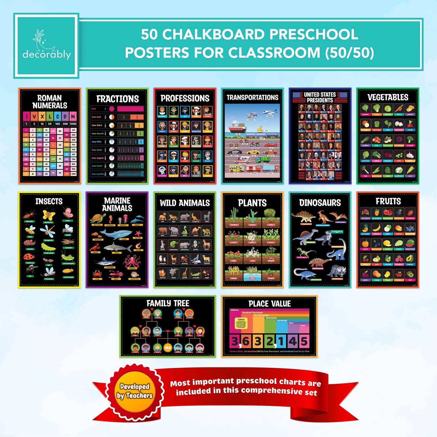 Decorably 50 Chalkboard Learning Posters for Kids Ages 5-7, Toddlers, Kindergarten, 11x17in Educational, Matte-Laminated Classroom Decor for School Hallways, Bulletin Boards, Home Study Room