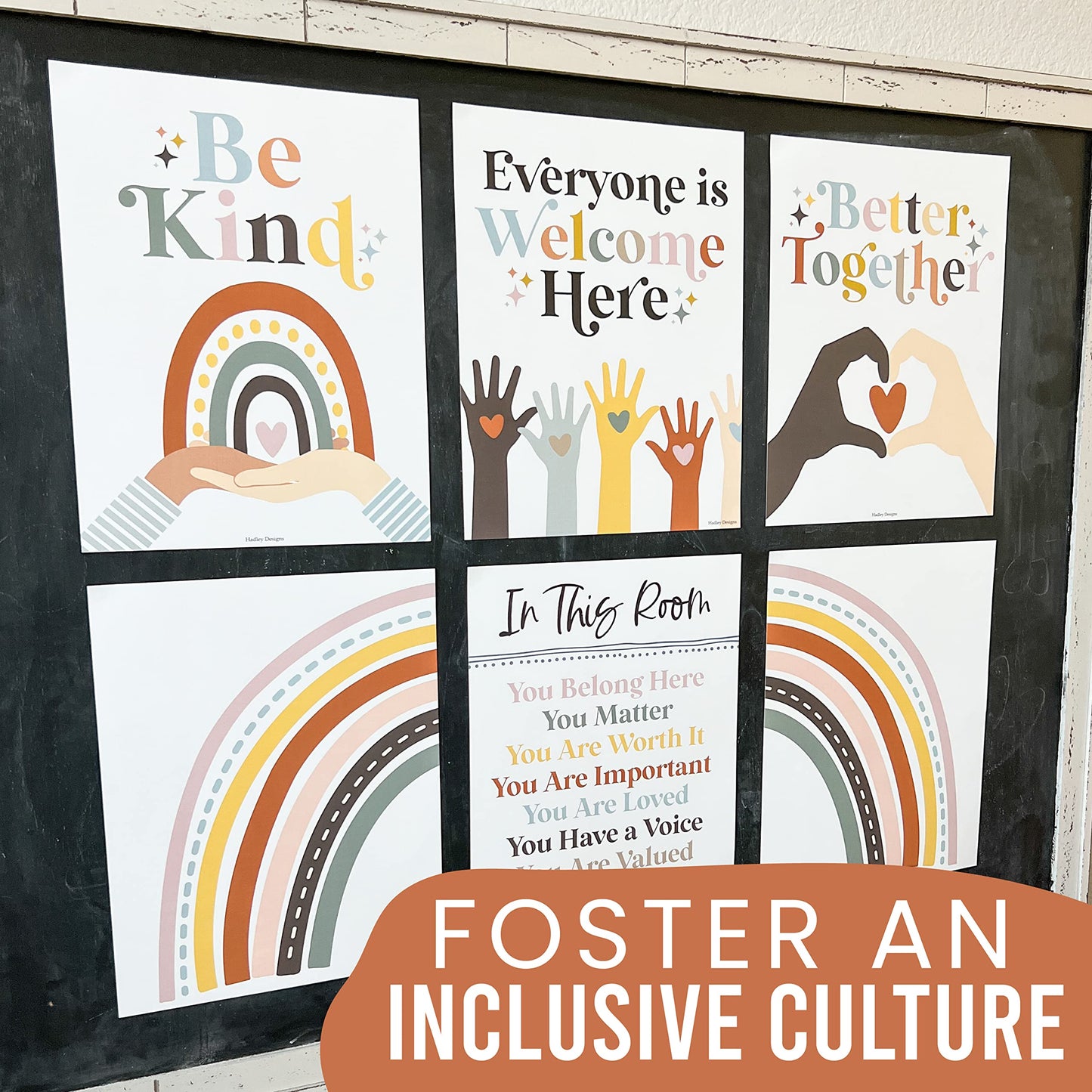 Hadley Designs Diversity Posters For Classroom Elementary –6 Inclusive Everyone Is Welcome Classroom Decor, Safe Space Sign Preschool Kindness Posters For Classrooms, Boho Multicultural Poster
