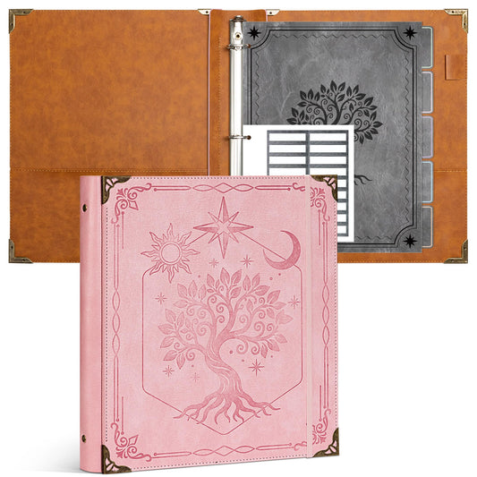 Ospelelf 3 Ring Binder 1 Inch Leather Vintage Hardcover Binder Dividers with Tabs for Letter Size 8.5"x11" Paper, Binder with Pockets for Photo Album, Document Organizer and Family History, Pink Tree