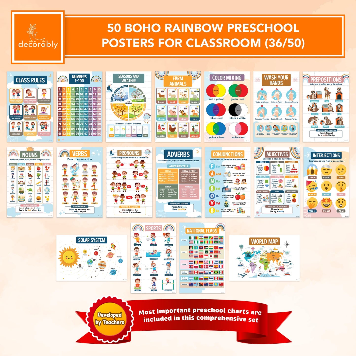Decorably 50 Boho Rainbow Preschool Posters for Toddlers, Kindergarten, 11x17in Educational, Matte-Laminated Classroom Decor for School Hallways, Bulletin Boards, Home Study Room