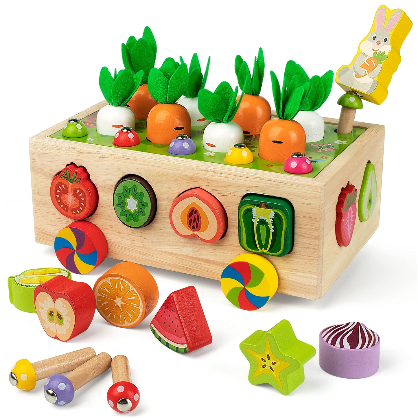 Coogam Montessori Fine Motor Toys for Baby Toddler, Wooden Shape Sorter Carrot Harvest Game for Easter Basket Stuffer, Preschool Learning Educational Gift Toy for 3 4 5 Year Old