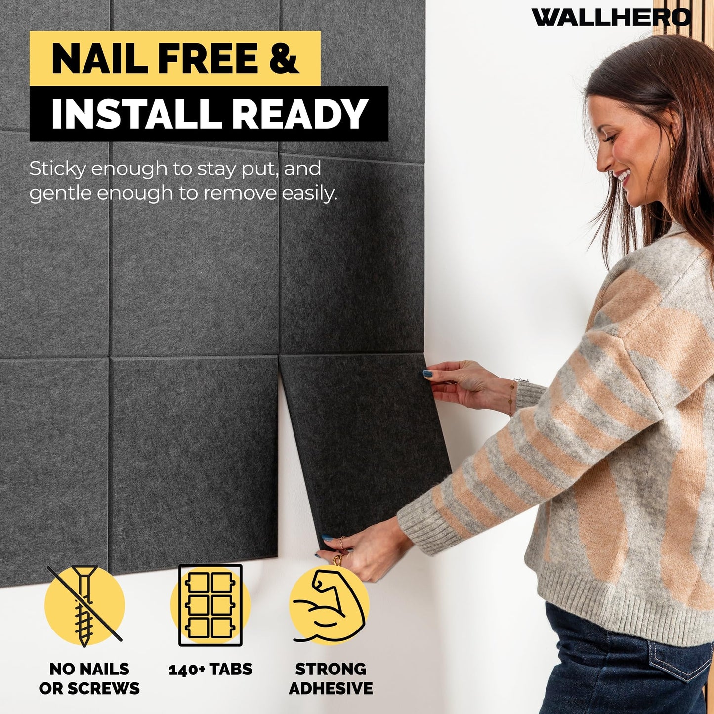 WALLHERO Cork Boards for Office, Dart Board Wall Protector, 59"x36" | 15 Pack | Black Bulletin Board, Cork Board, Cork Board Squares, Homasote Board, Bulletin Board Tiles (Gray Black)