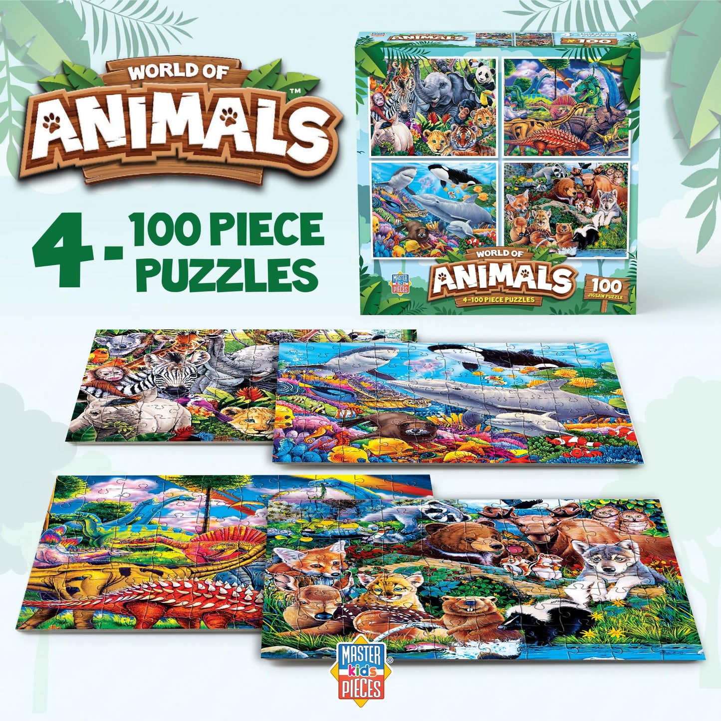 MasterPieces Jigsaw Puzzle Set for Kids, 4-Pack of 100 Piece Puzzles, Educational Animal Theme, Fun Game, Gift Idea, 8" x 10"