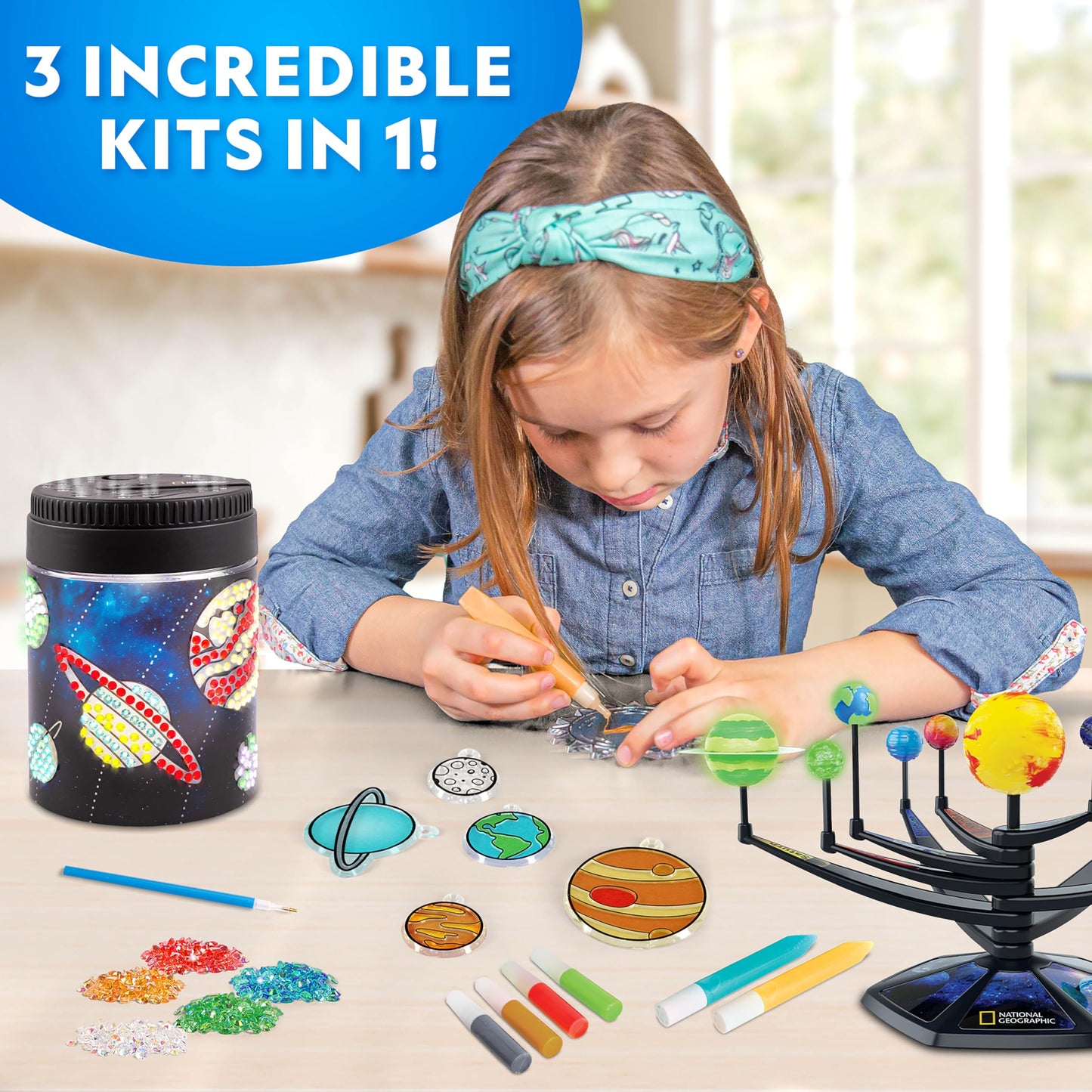 National Geographic Ultimate Space Activity Kit – Diamond Painting Solar System Night Light, Glow-in-The-Dark Solar System Model & Stained Glass Window Art, Outer Space STEAM Arts & Crafts for Kids