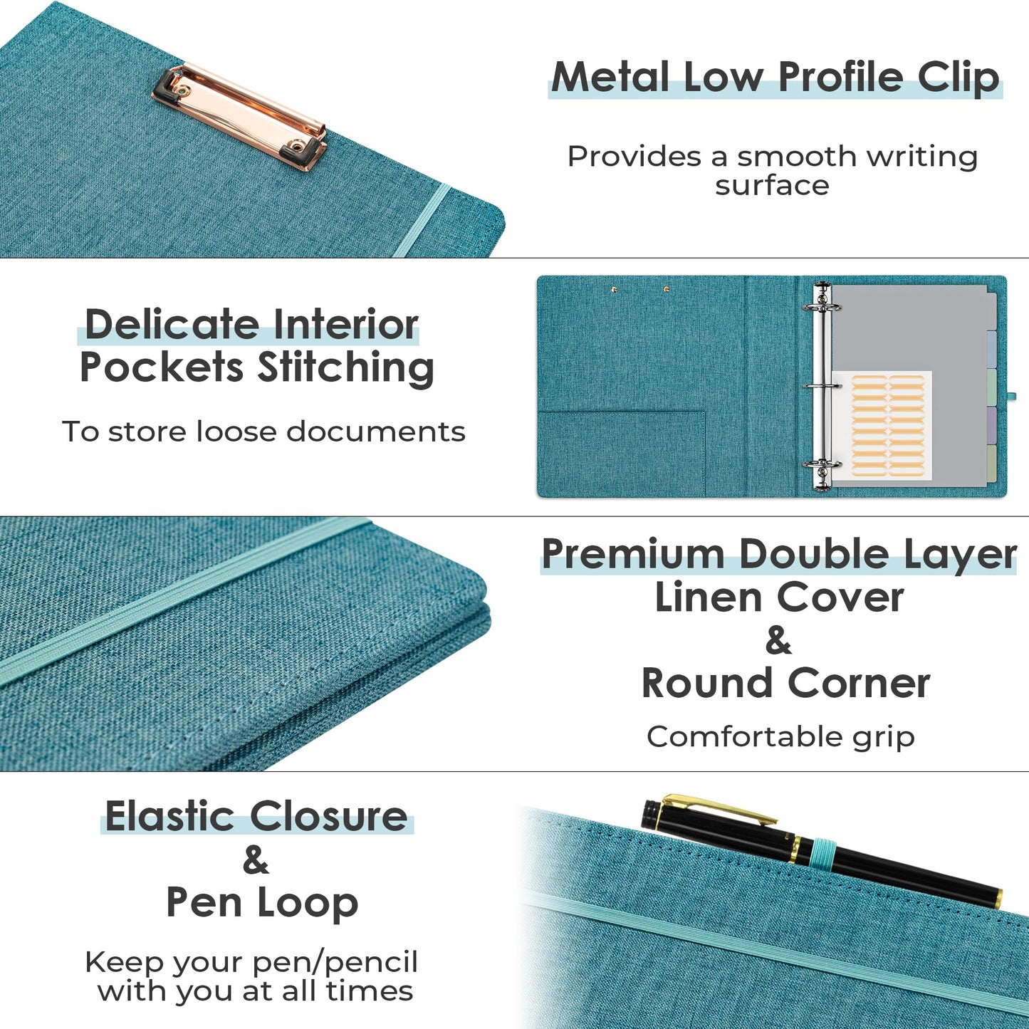 EYROZILL 3 Ring Binder 2 Inch, Binder for Letter Size (11" x 8.5") with 5 Tab Dividers, File Folder Labels and Low Profile Clipboards, Aqua Blue