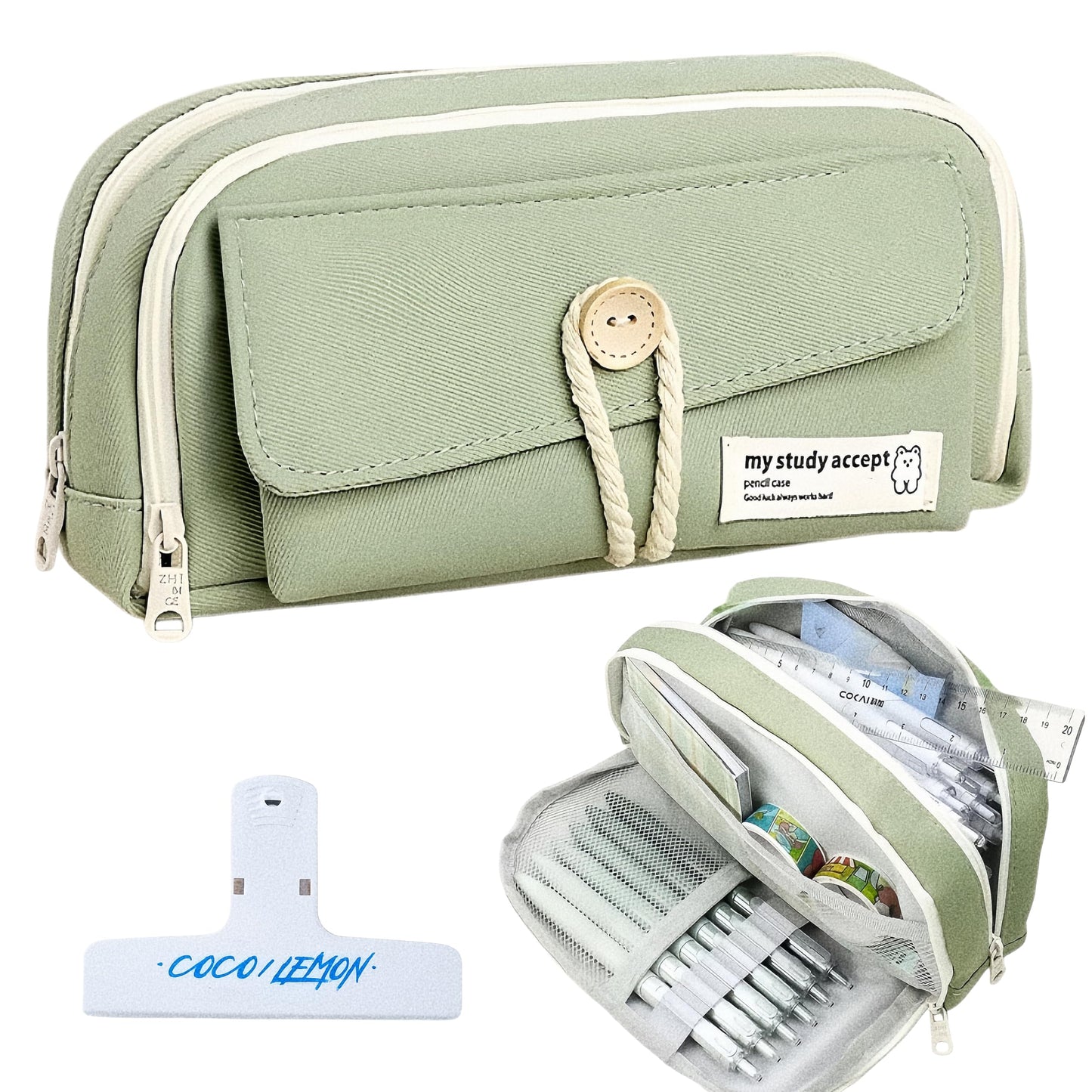 UIVXXUD Simple Style Cotton Rope Pencil Holder - Large Capacity Multi-layered Pencil Case Organizer, Aesthetic Minimalist Fabric Pen Pouch with Zipper, Durable Eco-Friendly Pen Pouch Bag (Green)