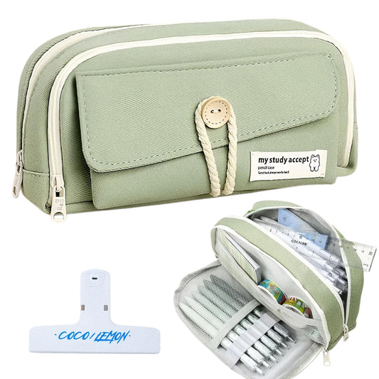 UIVXXUD Simple Style Cotton Rope Pencil Holder - Large Capacity Multi-layered Pencil Case Organizer, Aesthetic Minimalist Fabric Pen Pouch with Zipper, Durable Eco-Friendly Pen Pouch Bag (Green)