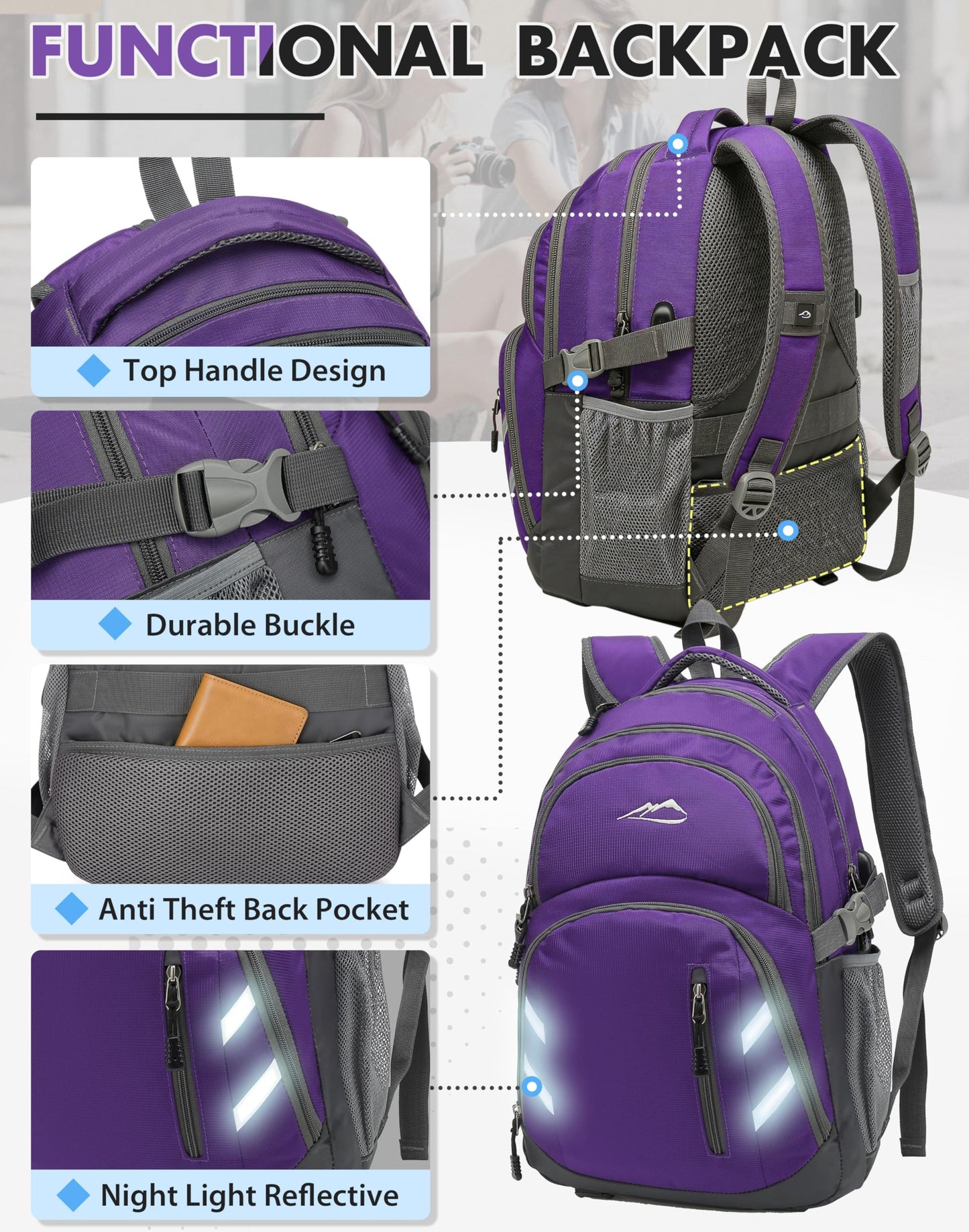 ProEtrade Backpack Bookbag for College Laptop Travel, Fit Laptop Up to 15.6 inch with USB Charging Port Multi Compartment Anti theft, Gift for Women Men (Purple)