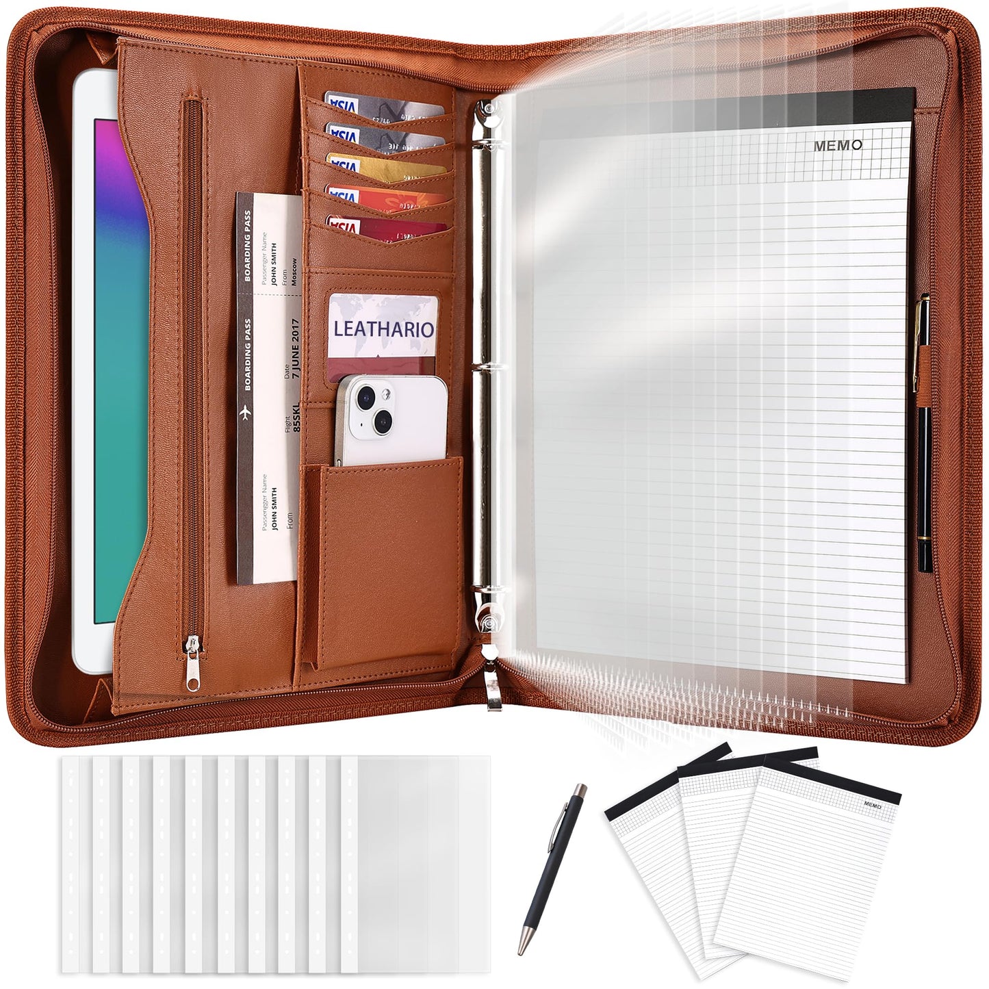 Leathario Portfolio Binder, Includes 10 Sheet Protectors and 3 Notepads, 3-Ring Folder Organizer, A4 Padfolio with Zipper, Vegan Leather Tablet Sleeve, Business Office Conference Clipboards