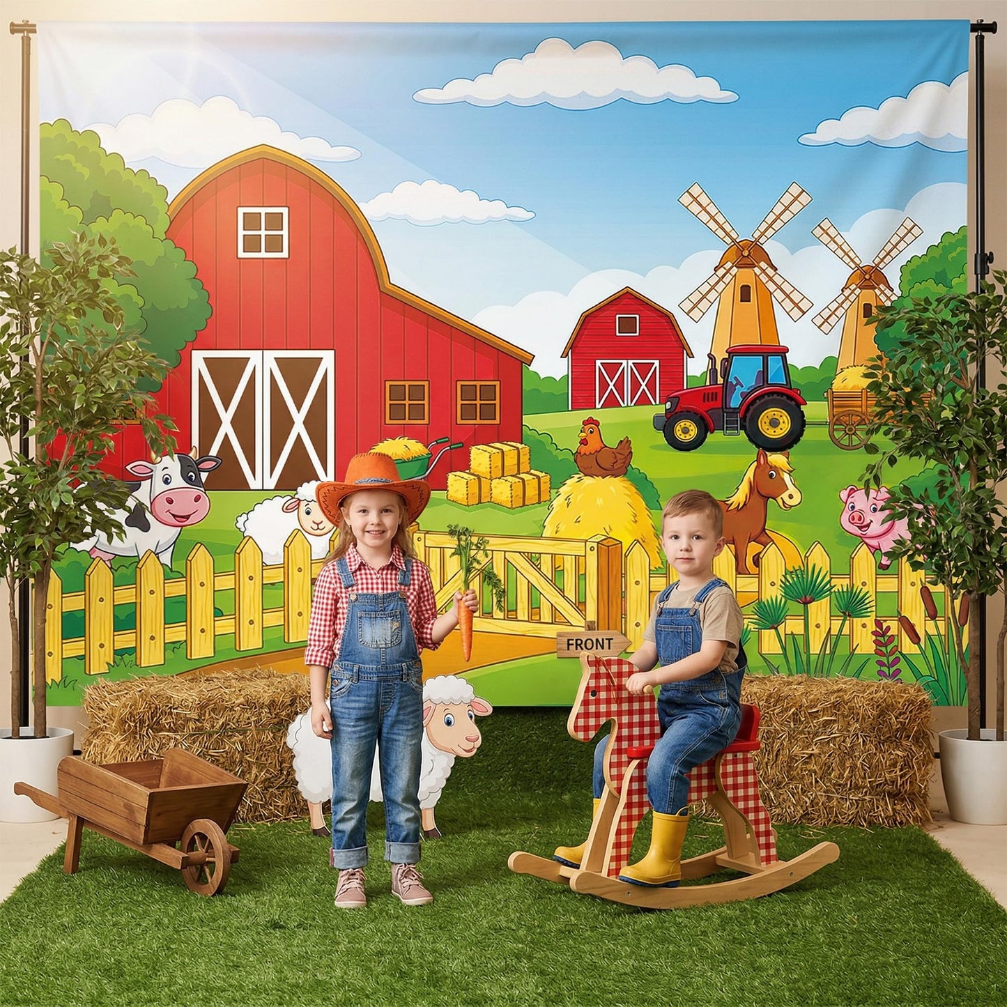 Farm Barn Backdrop 7x5ft - Red Barn Farmhouse Animals Backdrop for Birthday Animals Theme Party Decorations Cartoon Farm for Kids Children Baby Shower Newborn Truck Car Background Photography Banner