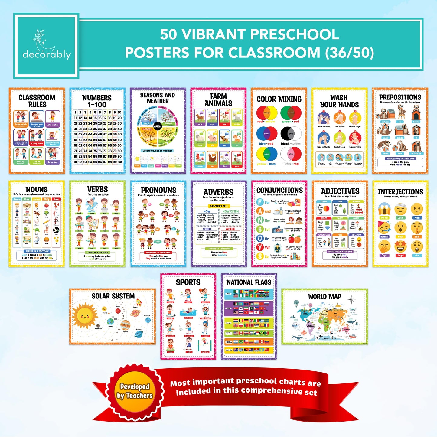 Decorably 50 Vibrant Educational Posters for Toddlers 1-3, 11x17in Matte-Laminated Classroom Decor - for School Hallways, Bulletin Boards, Home Study Room - Kindergarten, Preschool