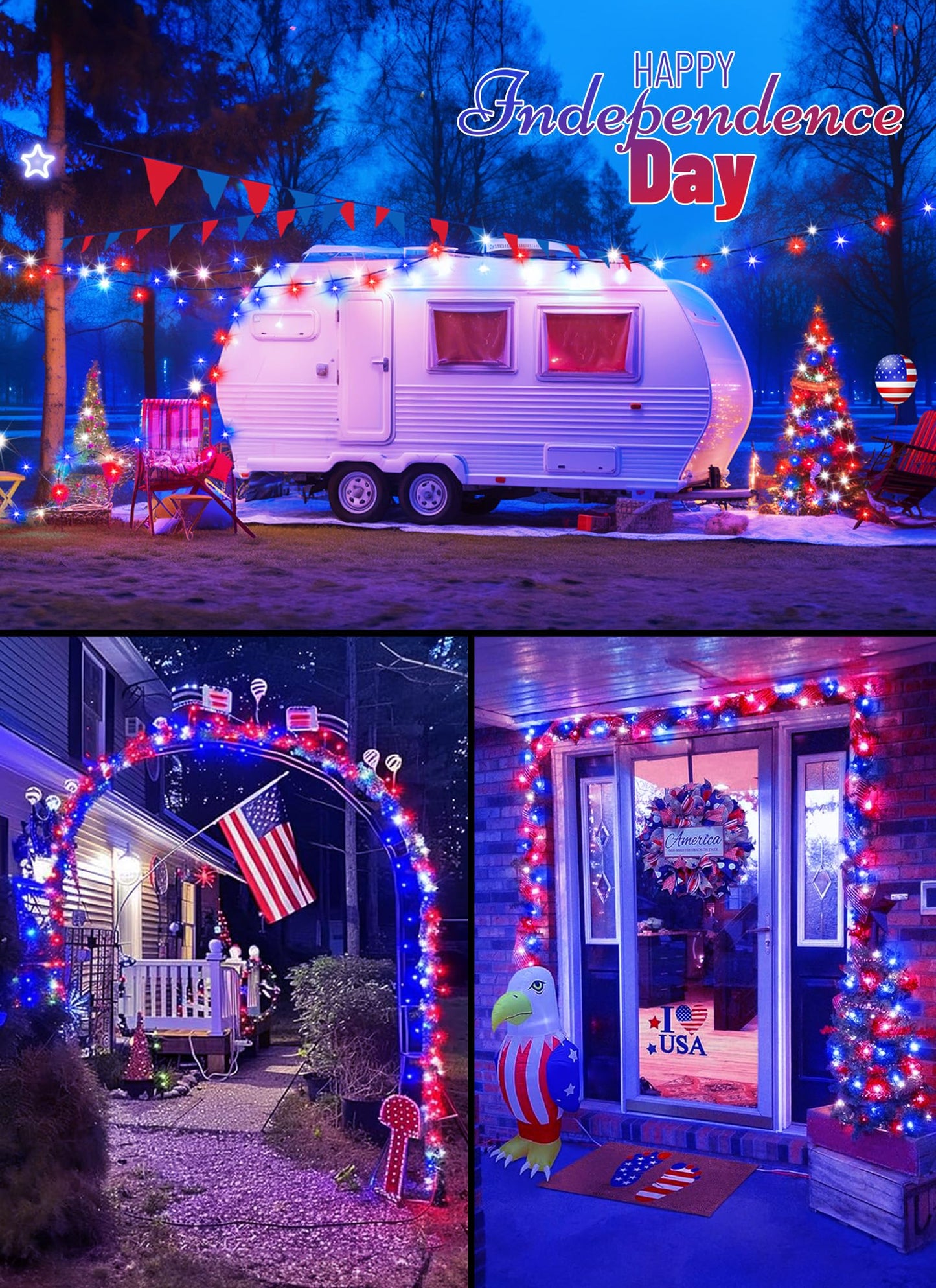 Minetom String Lights - 100 LED Waterproof Mini Lights with Remote, 33 Feet, Red White Blue - White Wire, Model DMO-S-100