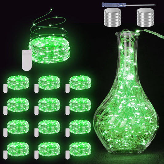 JUSTPRO Fairy Lights String Lights - 12 Pack, 7ft, 20 LED, Waterproof Silver Wire, Green, Model JK5876-12PK