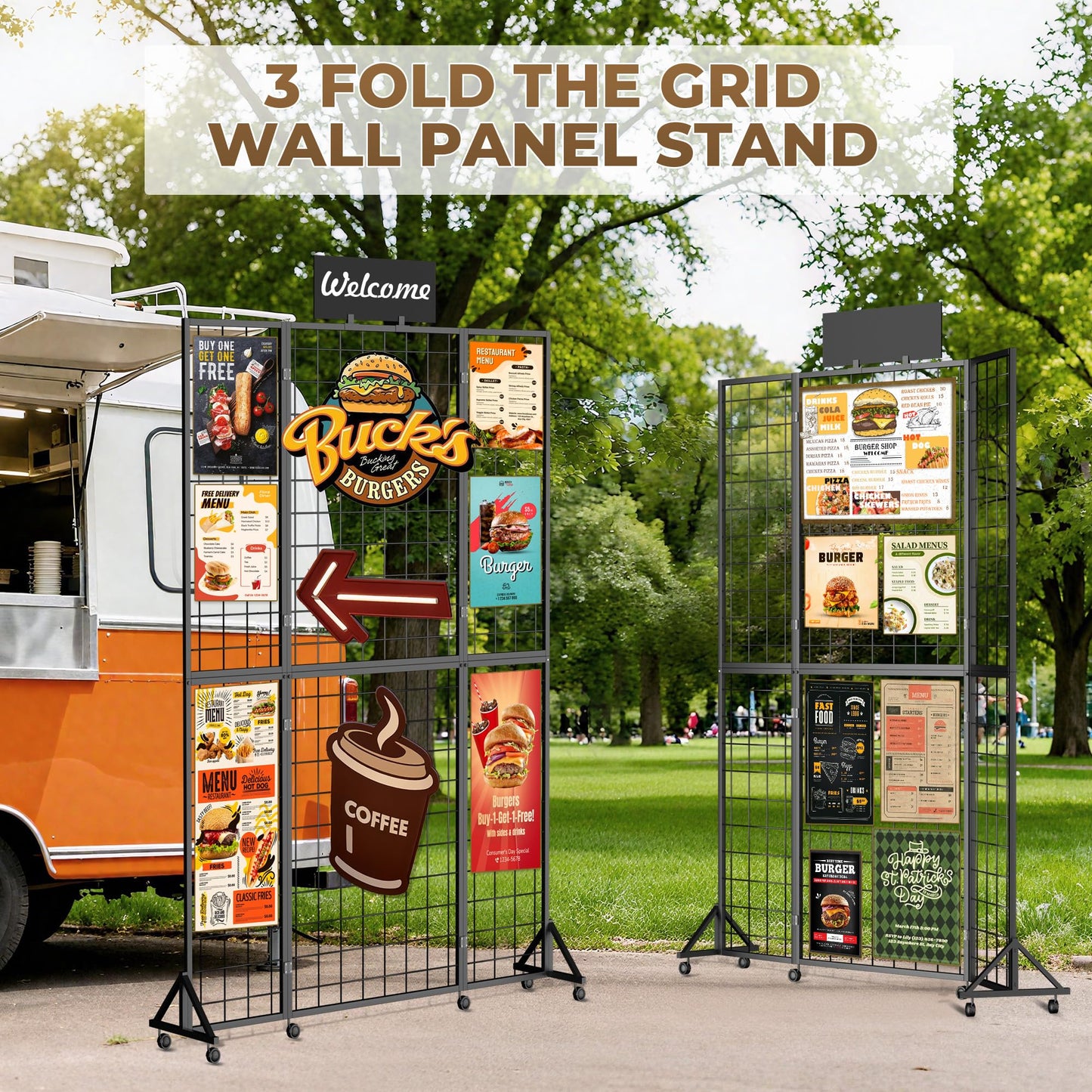 Foldable Grid Wall Panel, 6' x 4.25' Ft Gridwall Display Stand with Notice board, Heavy Duty Sturdy Floorstanding Wire Grid Display Rack, Movable Silent Wheel, Ideal for Retail & Art Craft Fairs