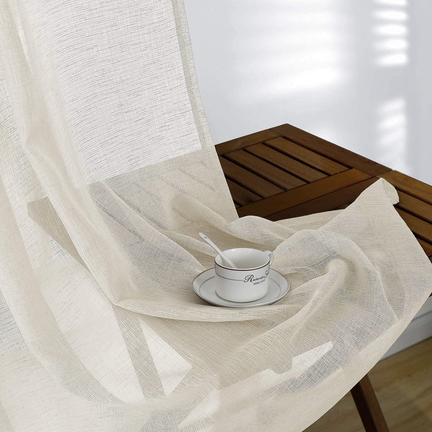 KOUFALL Beige Sheer Curtains 96 Inches Long 2 Panel Set,Cream Tan Rod Pocket Linen Look Neutral Curtains for Living Room Bedroom