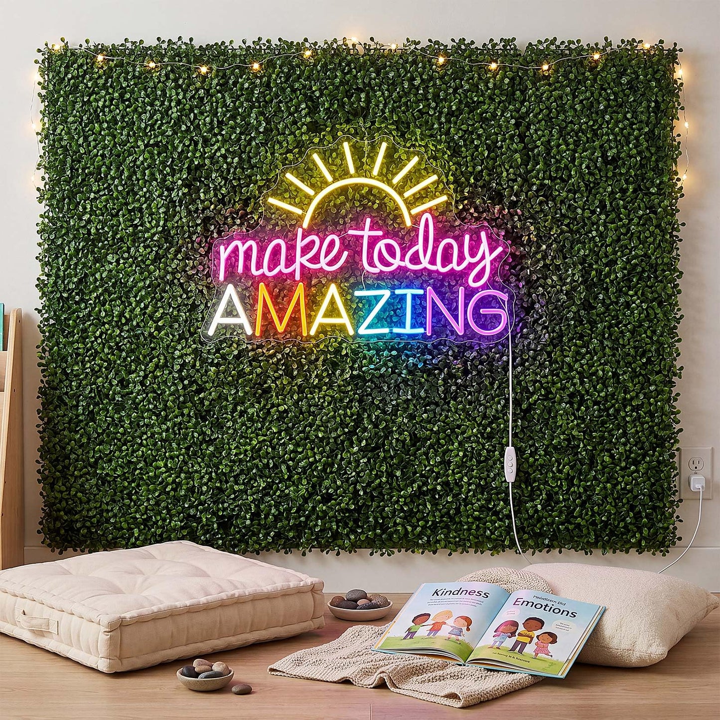 Fumete 13 Pcs Green Reading Corner Classroom Calming Corner Decor 10 x 10" Grass Wall Panels with Make Today Amazing Neon Sign Classroom Greenery Wall Decoration for Home School Party Supplies