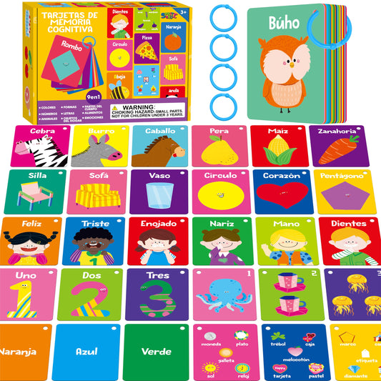110 PCS Early Learning Flashcards, Double-Sided Spanish Cards- Alphabet, Numbers, Foods, Animals, Shapes, Colors, Emotions with 4 Reclosable Rings, Learning Tool for Pre-K Kindergarten Toddlers