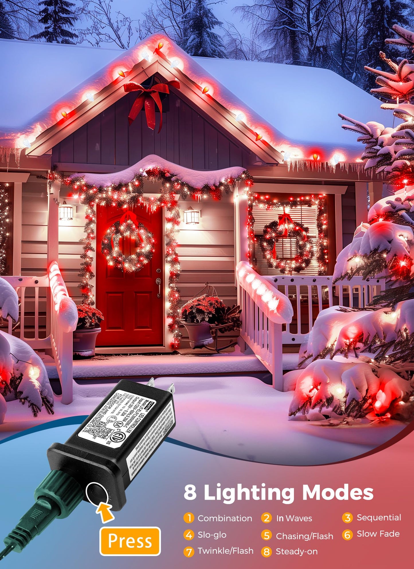 Minetom C9 LED Christmas Lights Outdoor, 100 Lights, 81 Feet, Waterproof, Timer, Red & Pure White