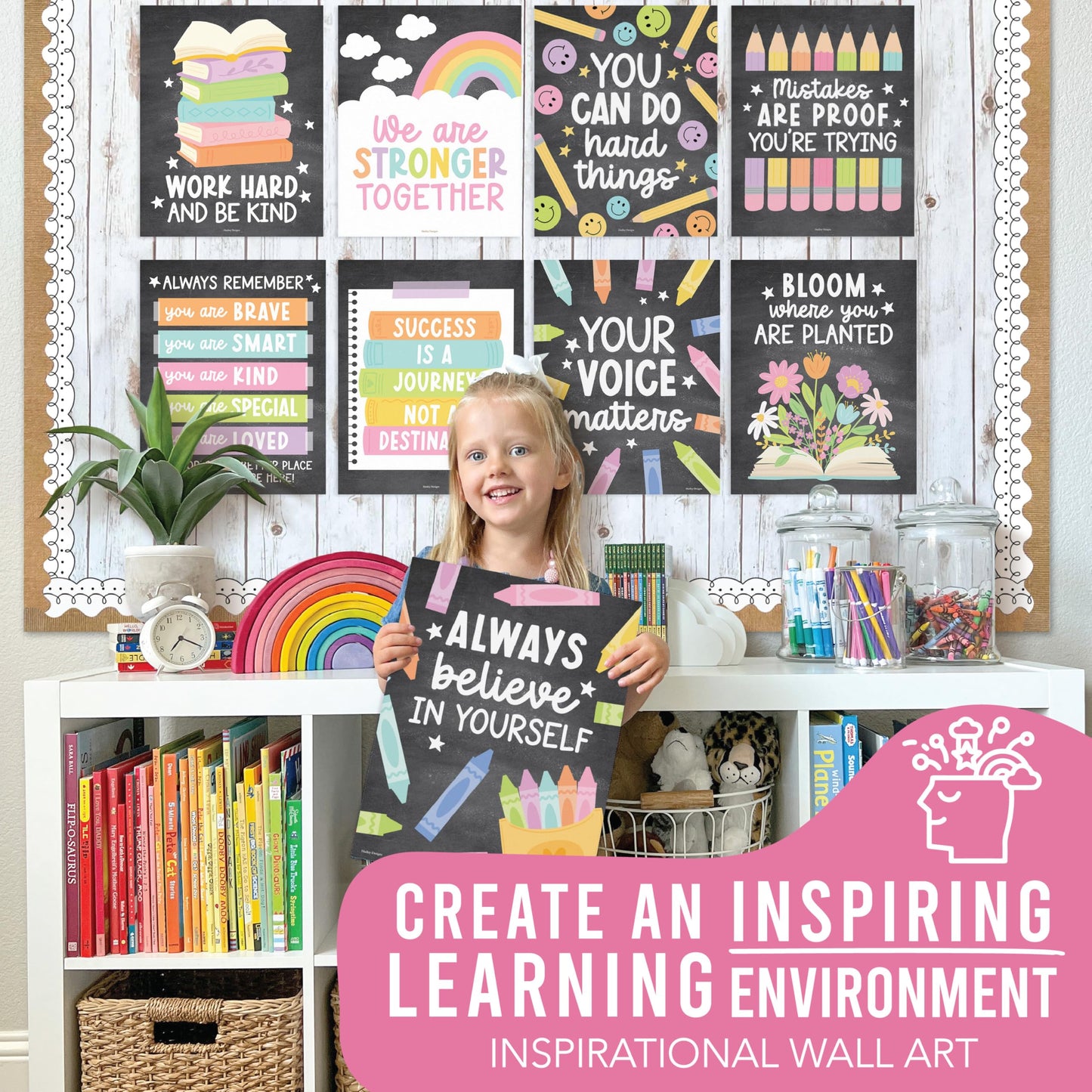 Hadley Designs Motivational Poster for Classroom Decor -9 Growth Mindset Classroom Posters Elementary, Inspirational Wall Decor Middle School, Teacher Must Haves, Chalkboard Bulletin Board Decorations