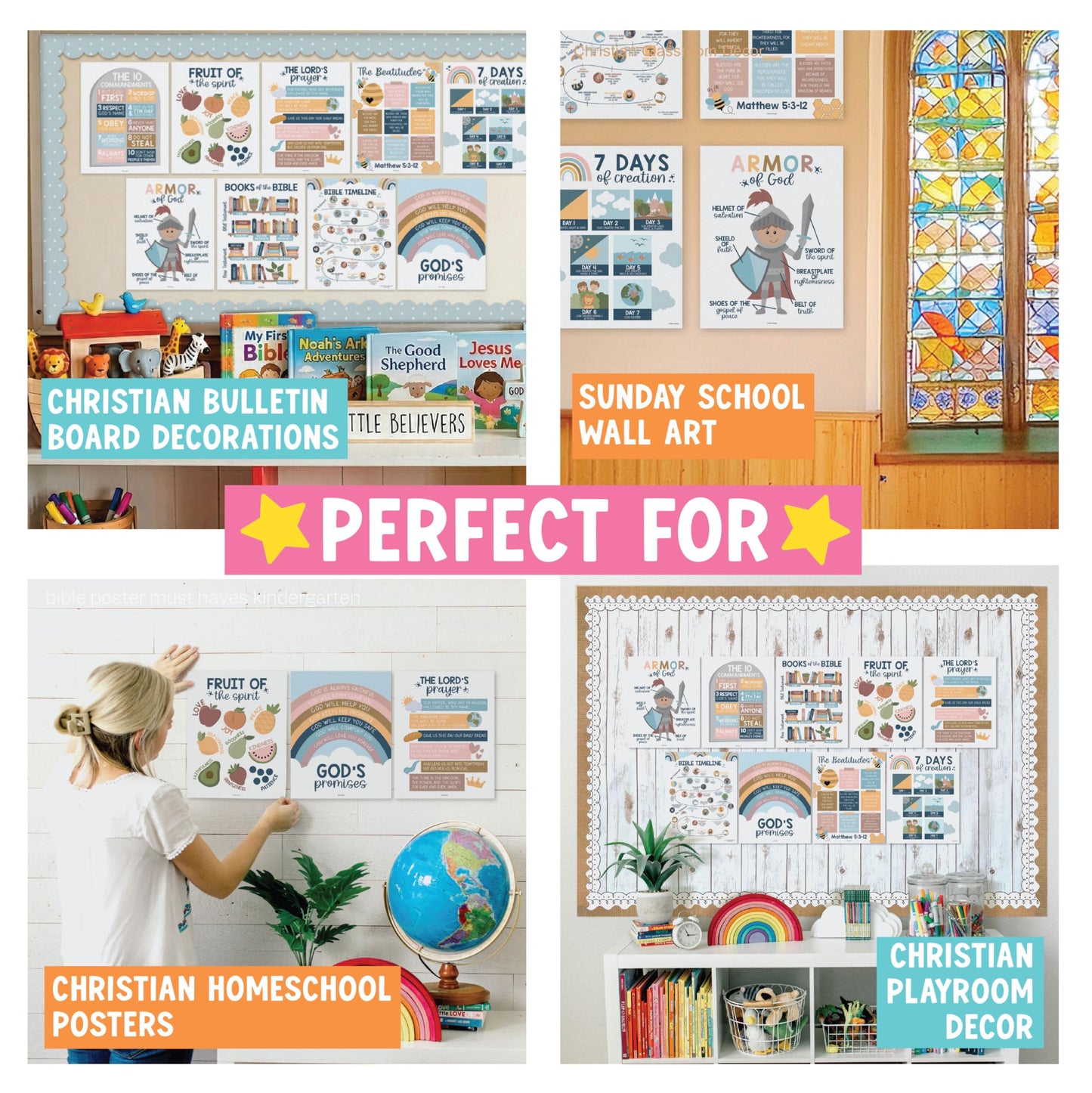 Hadley Designs Sunday School Decorations for Classroom –9 Bible Posters for Kids, Books of the Bible, 10 Commandments, Bible Timeline Chart, Fruits of the Spirit, Boho Christian Classroom Decor