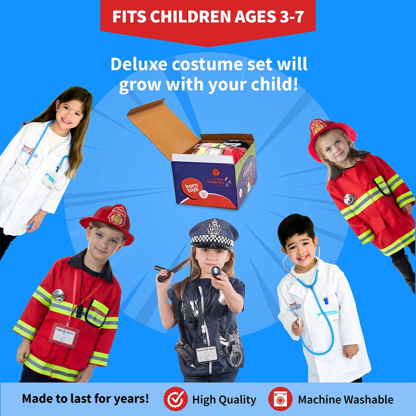 Born Toys 3-in-1 Toddler Dress Up Clothes for Boys & Girls Ages 3-7, Police, Firefighter and Doctor Pretend Play Set with Toy Accessories, Washable Costumes for Kids Career Day Outfit, Gift Ready Set