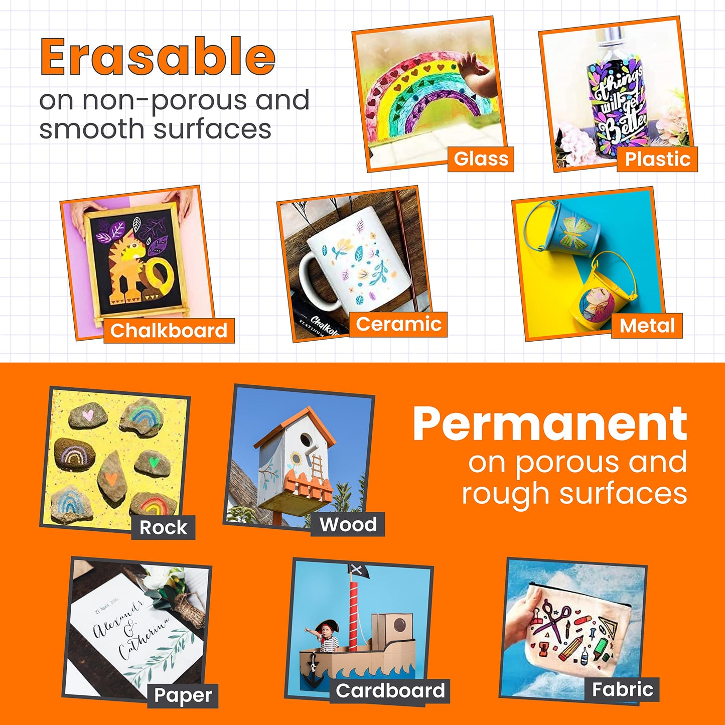 5 Orange Chalkboard Chalk Markers - Orange Dry Erase Markers for Blackboard, Chalkboard Signs, Windows, Glass | Variety Pack - Fine & Jumbo Size Ink Pen (1mm, 3mm, 6mm, 10mm, 15mm)