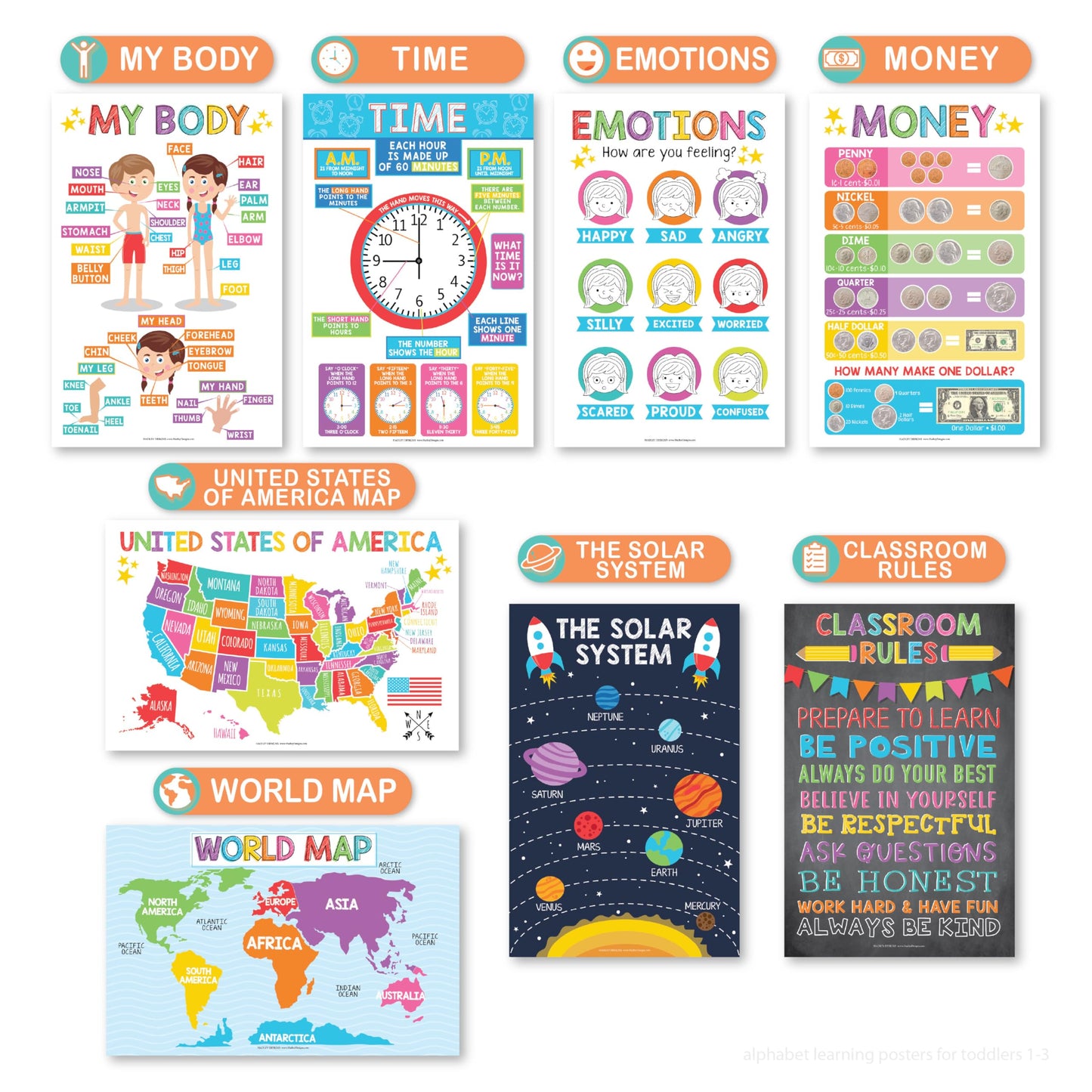 Hadley Designs 16 Educational Posters for Classroom Must Haves - Laminated Pre-K Posters for Toddler Homeschool Essentials, Toddler & Preschool Learning Activities, Kindergarten Classroom Decor